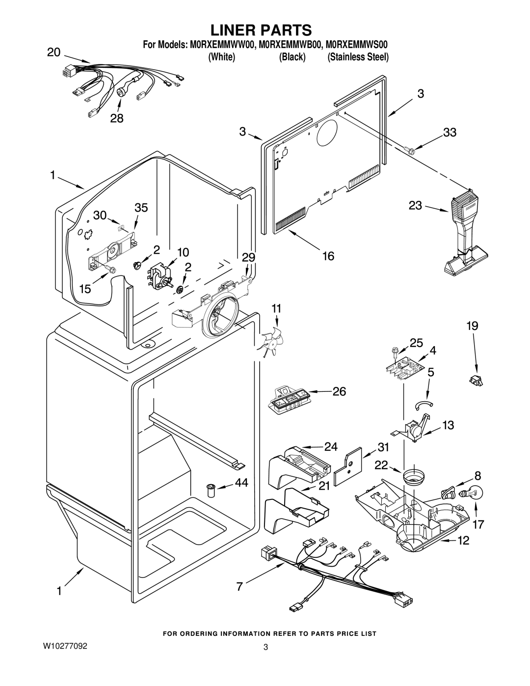 Whirlpool W10277092, M0RXEMMWB00, M0RXEMMWS00, M0RXEMMWW00 manual Liner Parts 