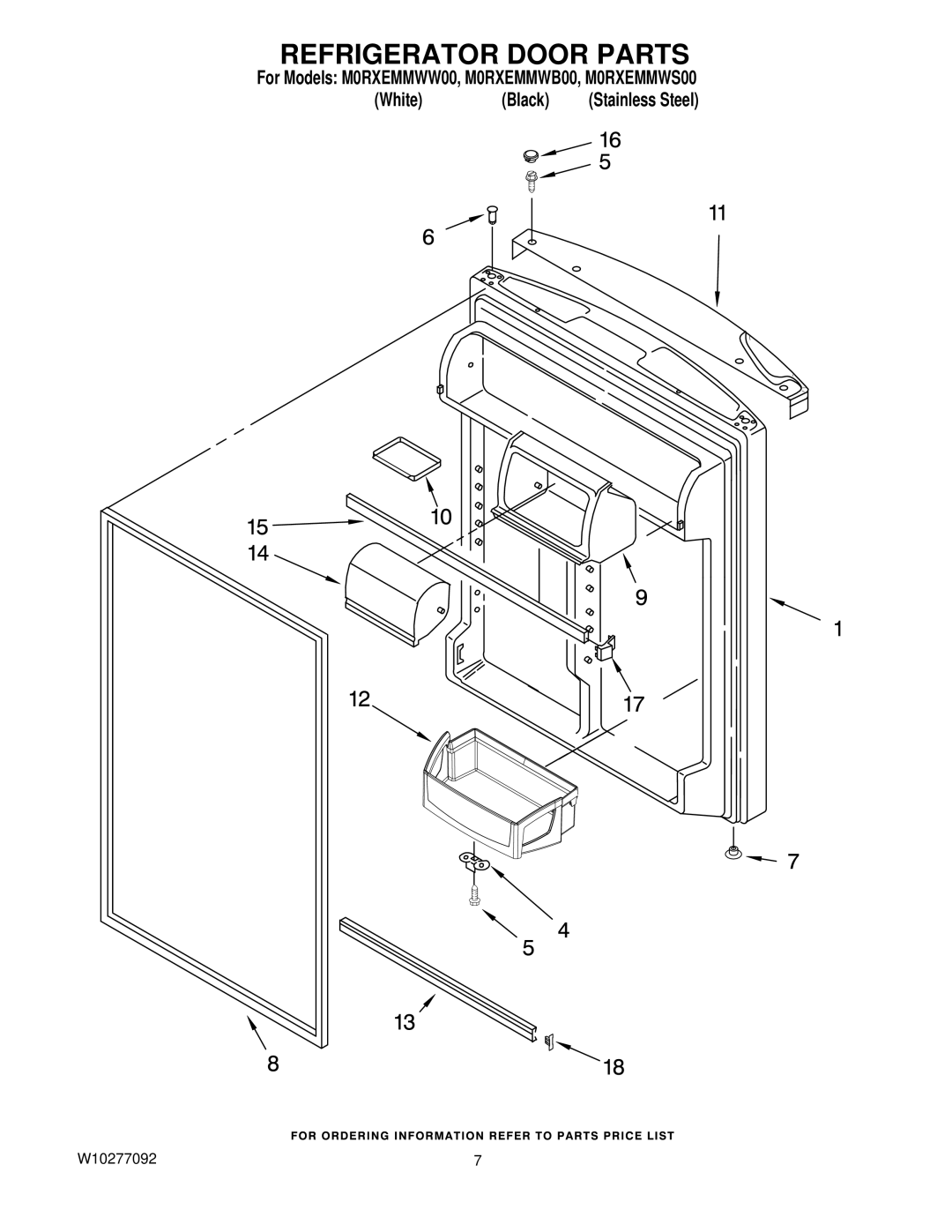 Whirlpool W10277092, M0RXEMMWB00, M0RXEMMWS00, M0RXEMMWW00 manual Refrigerator Door Parts 