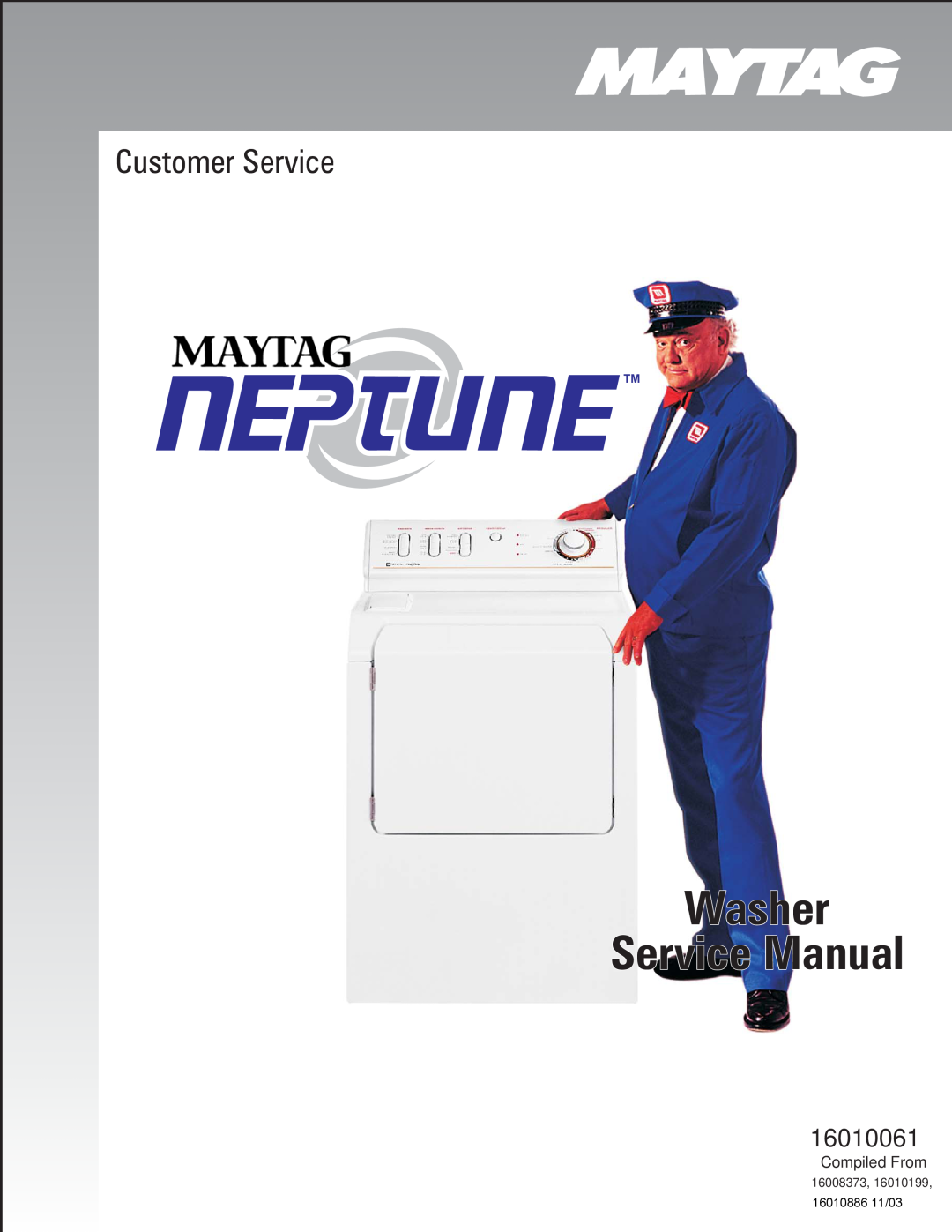 Whirlpool MAH3000 service manual Washer, Service Manual, Customer Service, 16010061, 16010886 11/03, 16008373 