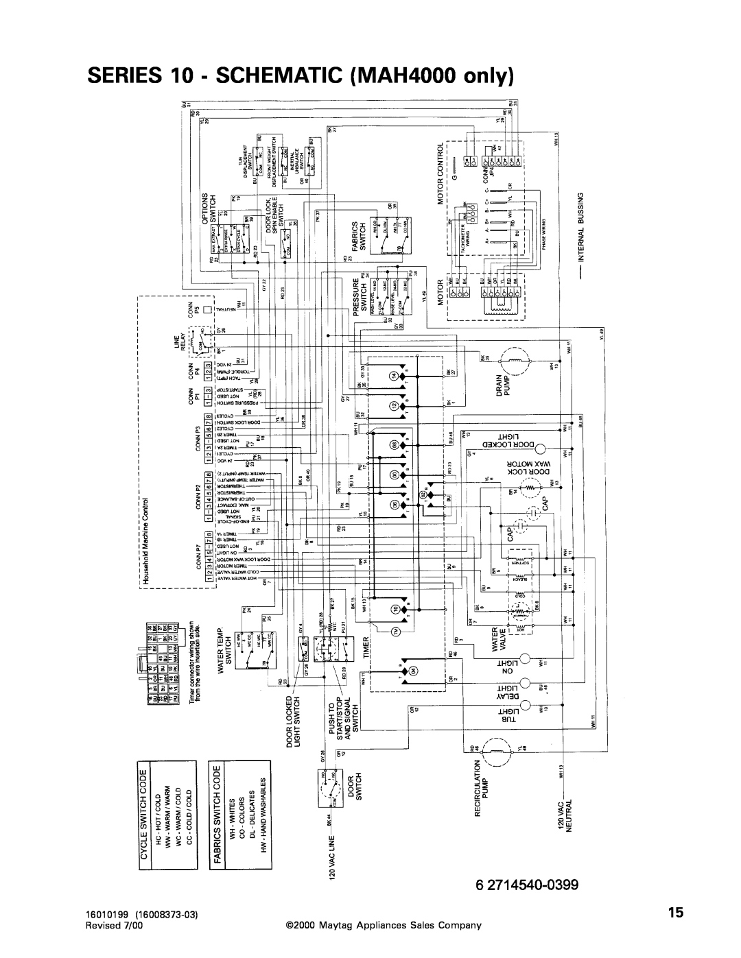 Whirlpool MAH3000 SERIES 10 - SCHEMATIC MAH4000 only, 16010199, Revised 7/00, Maytag Appliances Sales Company 