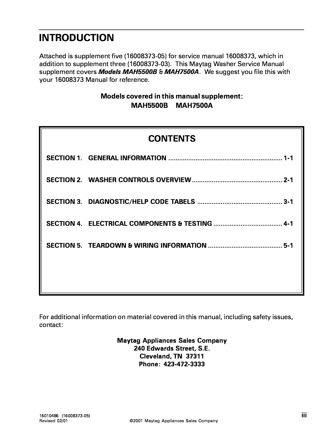 Whirlpool MAH3000 Models covered in this manual supplement MAH5500B MAH7500A, General Information, Introduction, Contents 