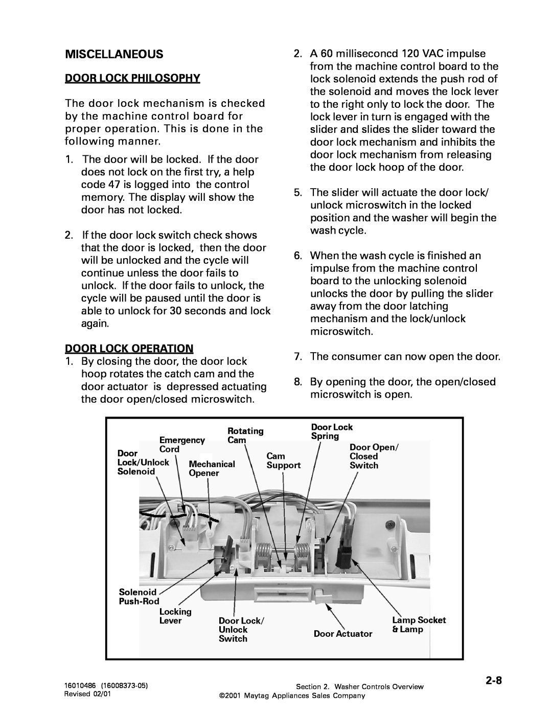 Whirlpool MAH3000 service manual Miscellaneous, Door Lock Philosophy, Door Lock Operation 
