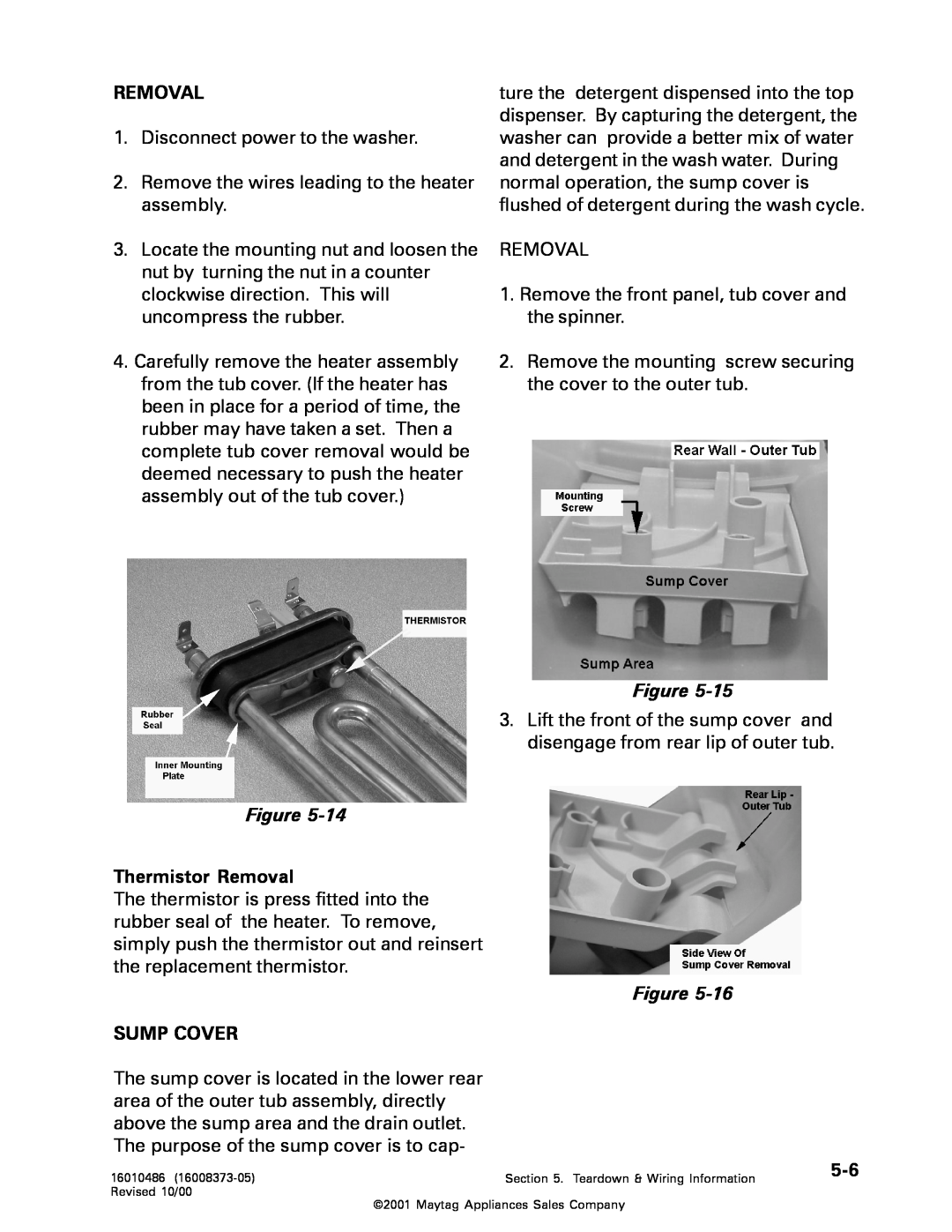 Whirlpool MAH3000 service manual Thermistor Removal, Sump Cover 