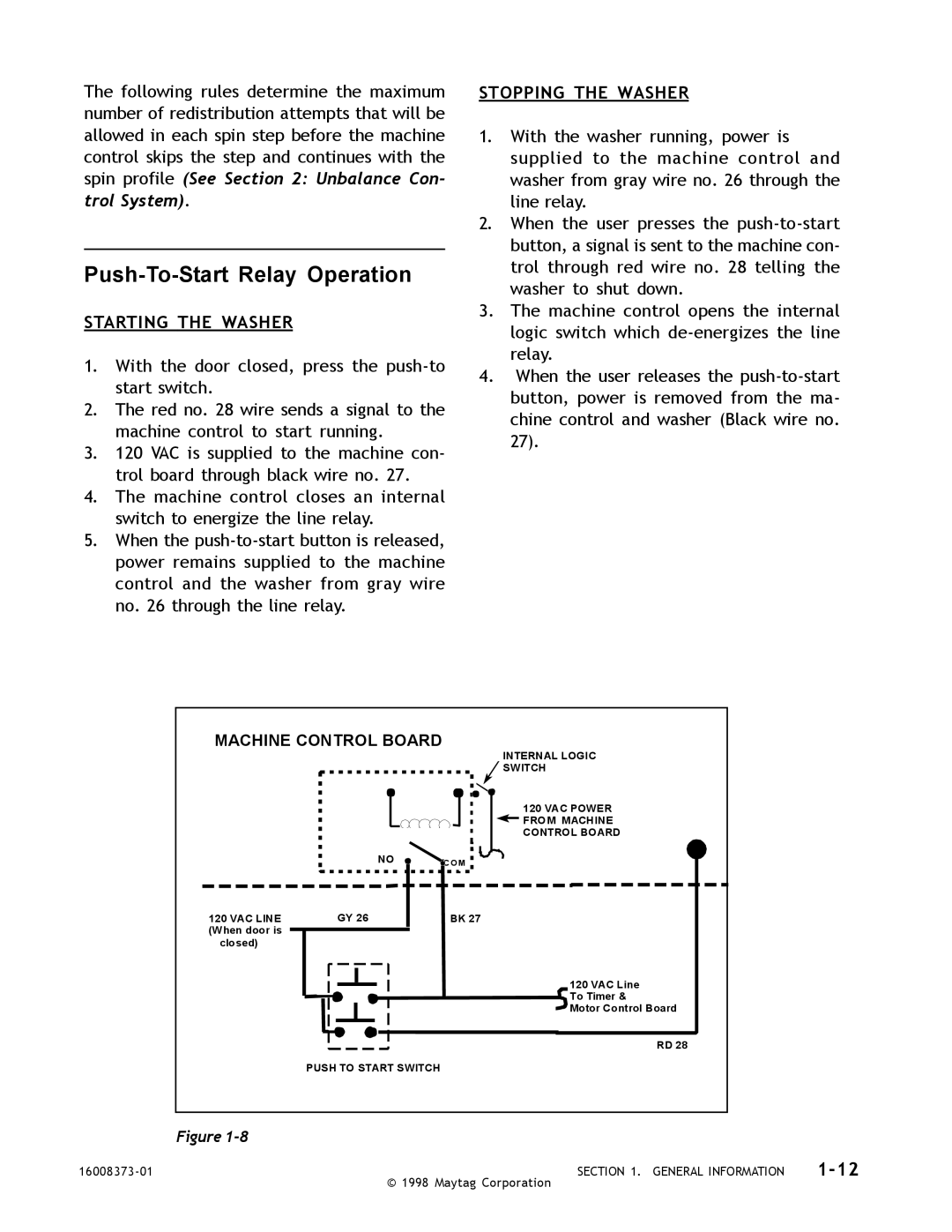 Whirlpool MAH3000 service manual Push-To-Start Relay Operation, 1-12, Starting The Washer, Stopping The Washer 