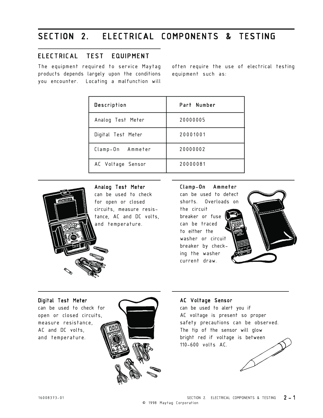 Whirlpool MAH3000 Electrical Components & Testing, Electrical Test Equipment, Description, Part Number, Analog Test Meter 