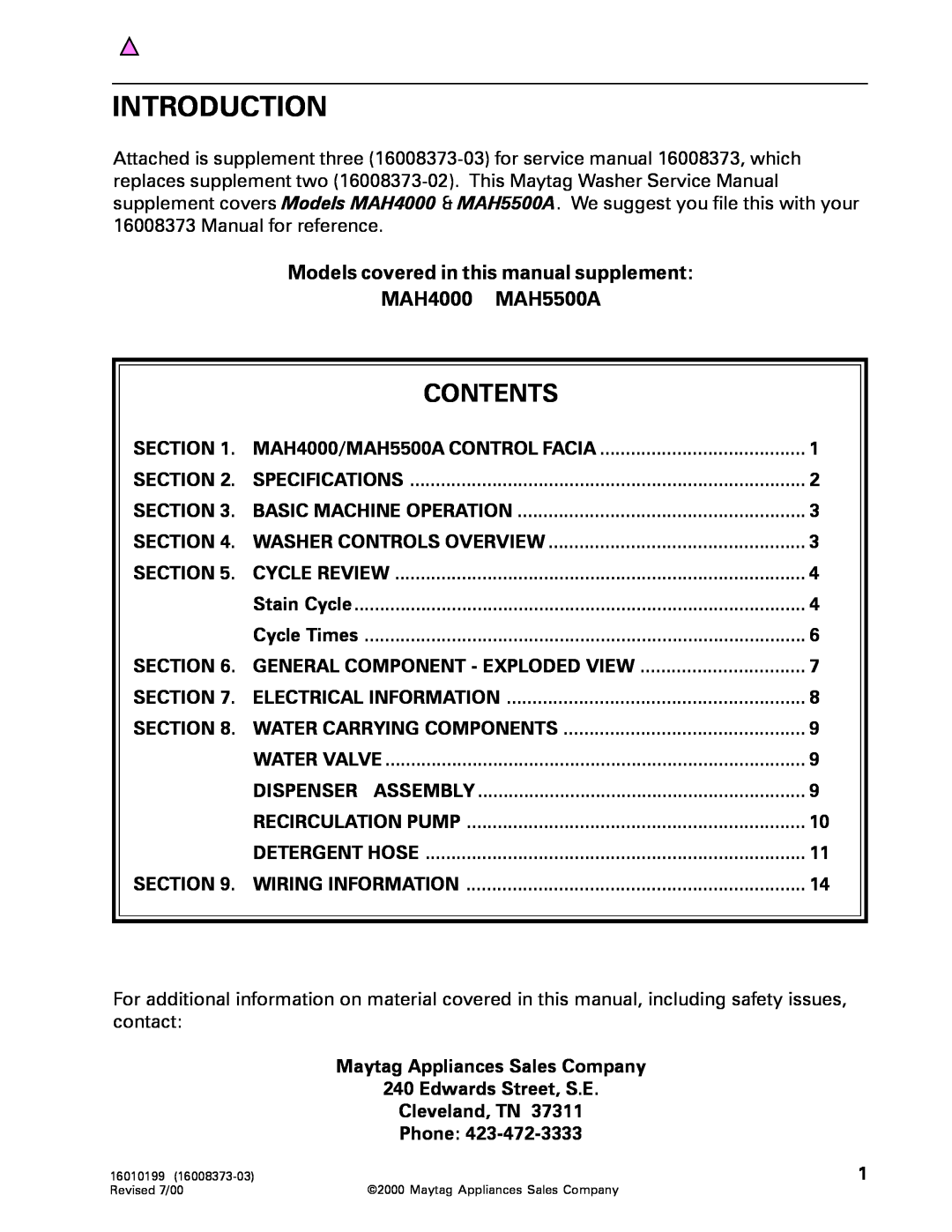 Whirlpool MAH3000 Introduction, Contents, Models covered in this manual supplement MAH4000 MAH5500A, Specifications, Phone 