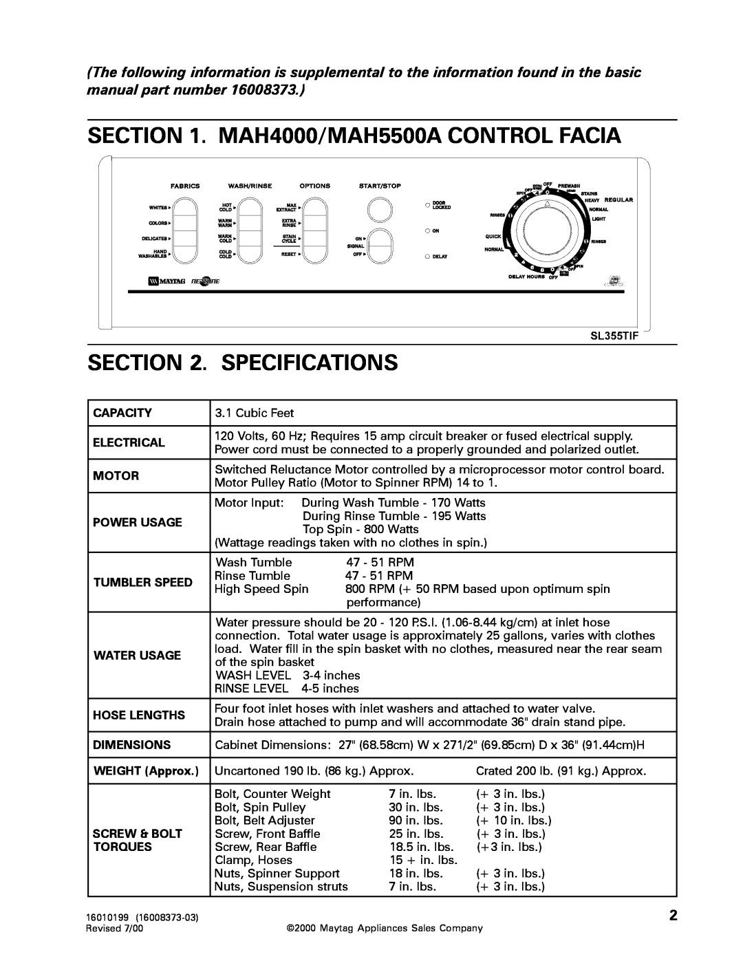 Whirlpool MAH3000 service manual MAH4000/MAH5500A CONTROL FACIA . SPECIFICATIONS 