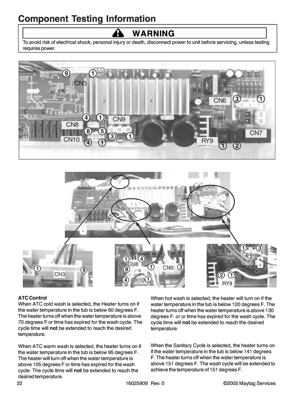 Whirlpool MAH9700AW manual Component Testing Information, CN10, ATC Control, Maytag Services 