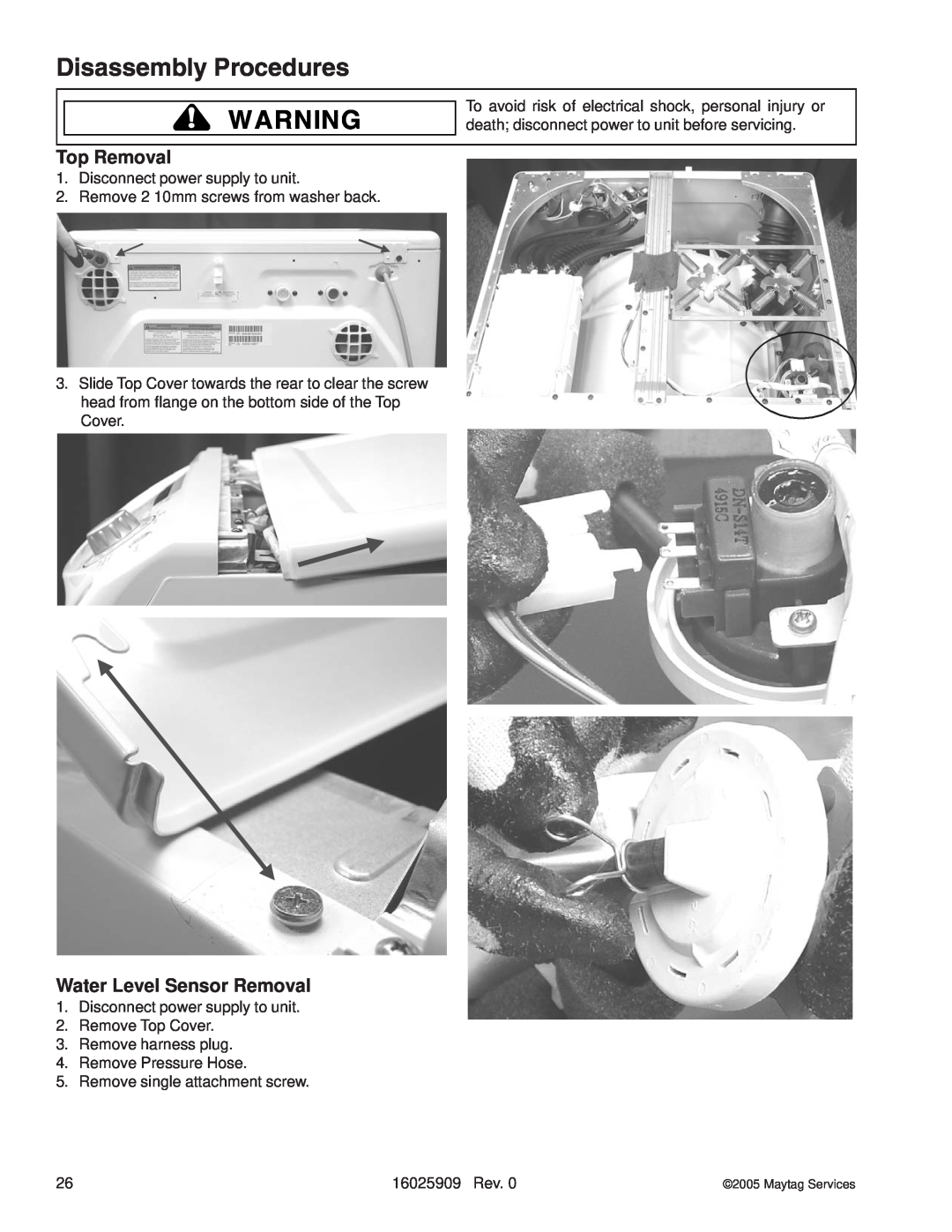 Whirlpool MAH9700AW manual Disassembly Procedures, Top Removal, Water Level Sensor Removal 