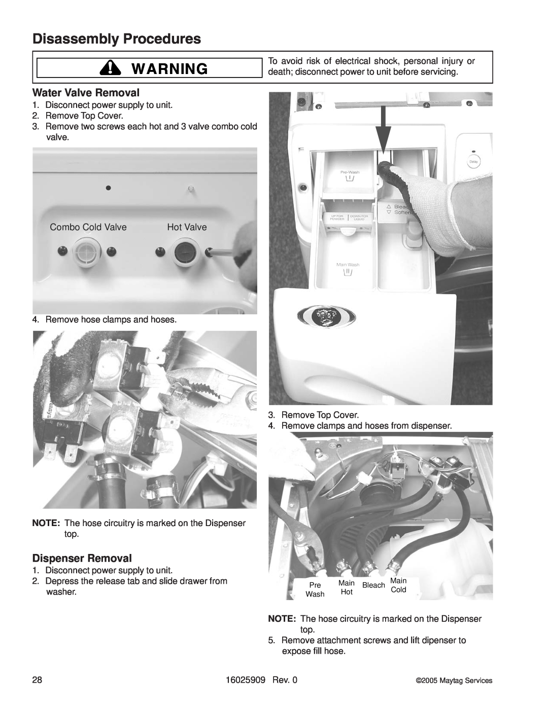 Whirlpool MAH9700AW manual Water Valve Removal, Dispenser Removal, Combo Cold Valve, Disassembly Procedures, Hot Valve 