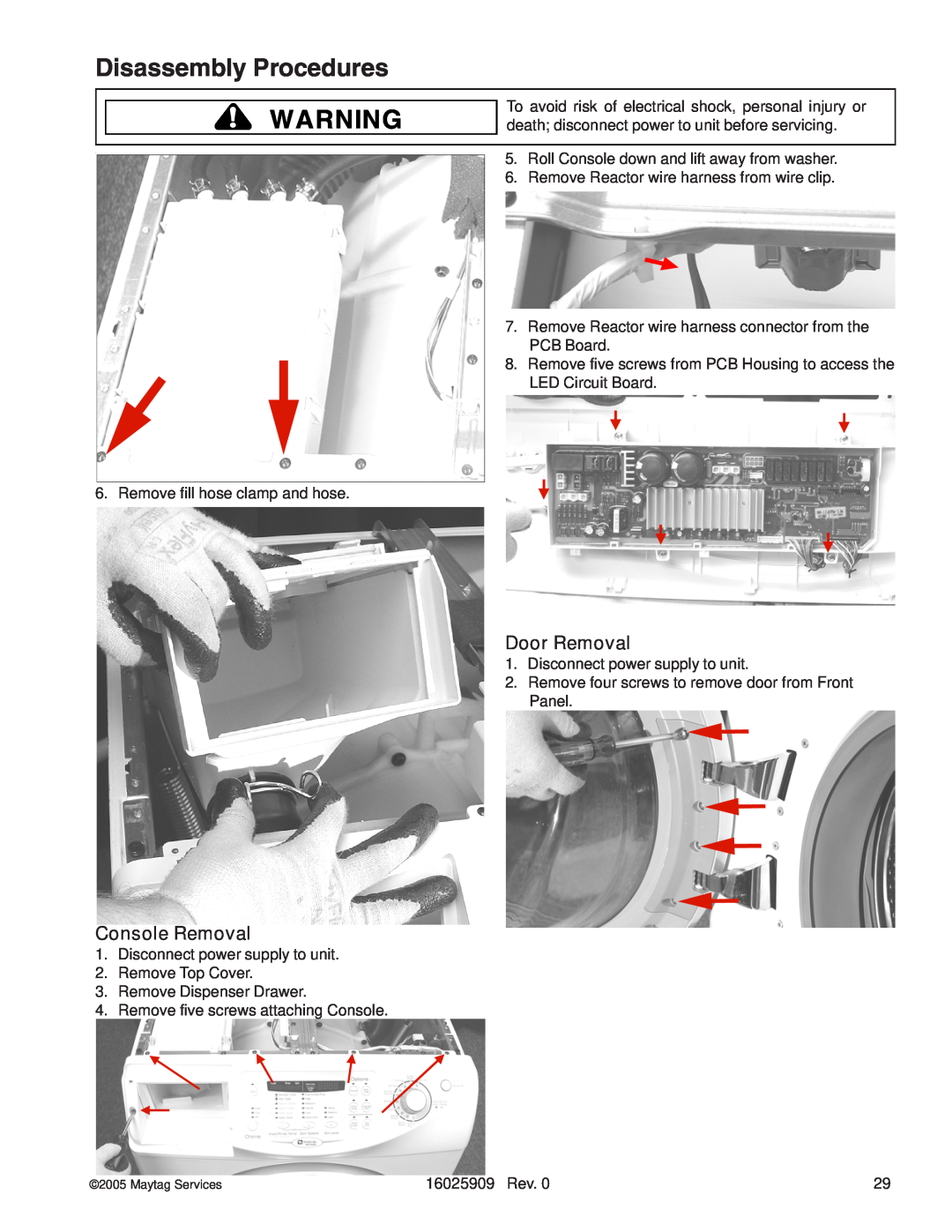 Whirlpool MAH9700AW manual Door Removal, Console Removal, Disassembly Procedures 