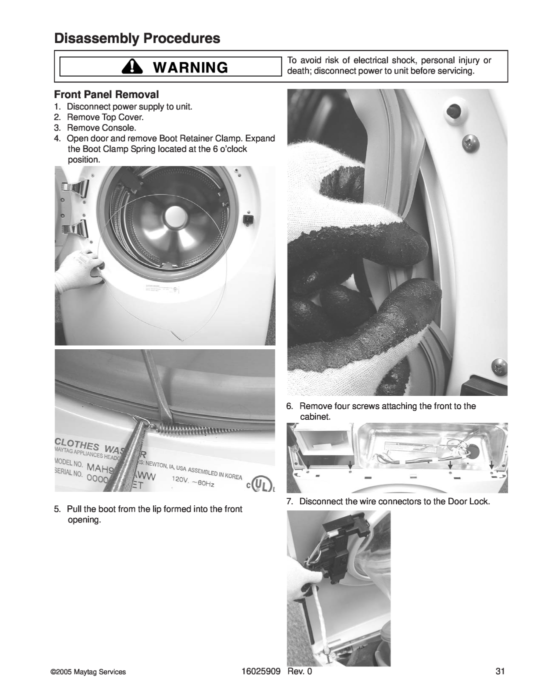 Whirlpool MAH9700AW manual Front Panel Removal, Disassembly Procedures 