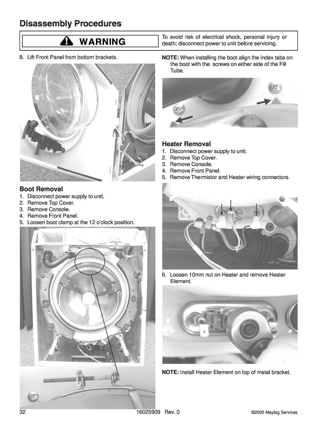 Whirlpool MAH9700AW manual Heater Removal, Boot Removal, Disassembly Procedures, Maytag Services 