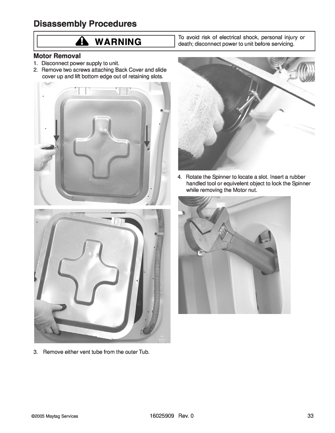 Whirlpool MAH9700AW manual Motor Removal, Disassembly Procedures 