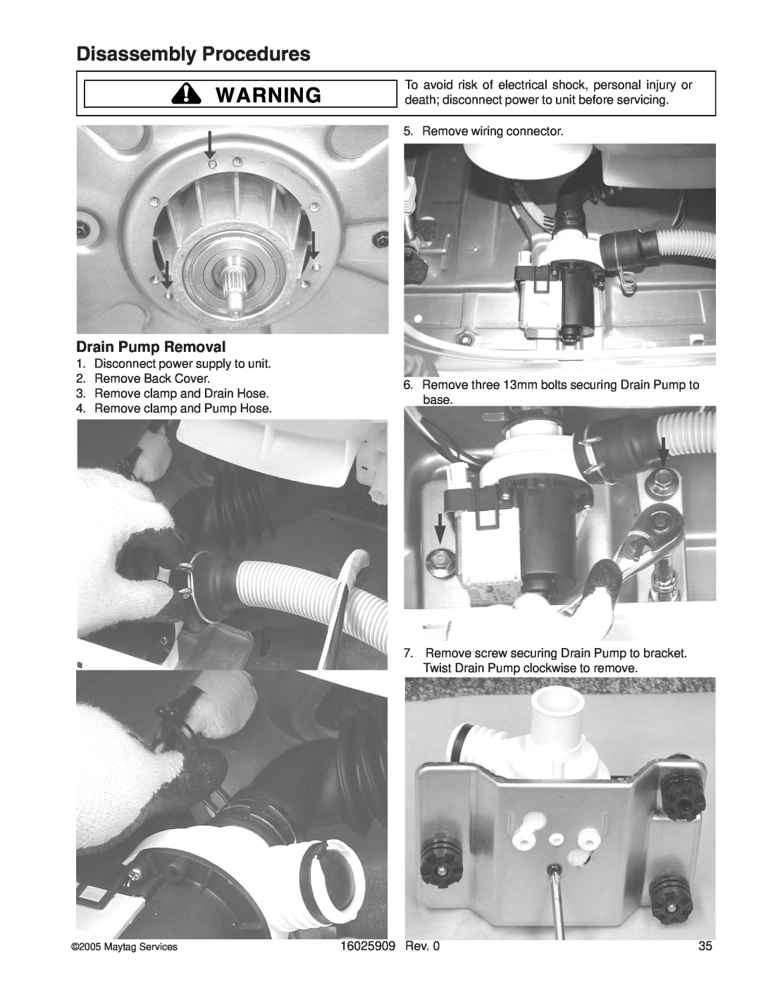 Whirlpool MAH9700AW manual Drain Pump Removal, Disassembly Procedures 