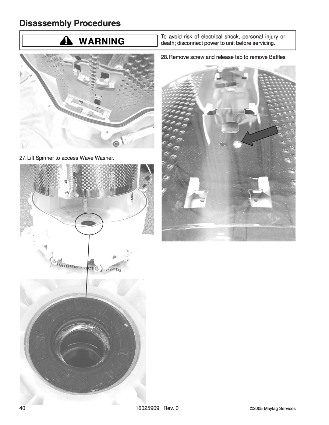 Whirlpool MAH9700AW Disassembly Procedures, Remove screw and release tab to remove Baffles, 16025909 Rev, Maytag Services 