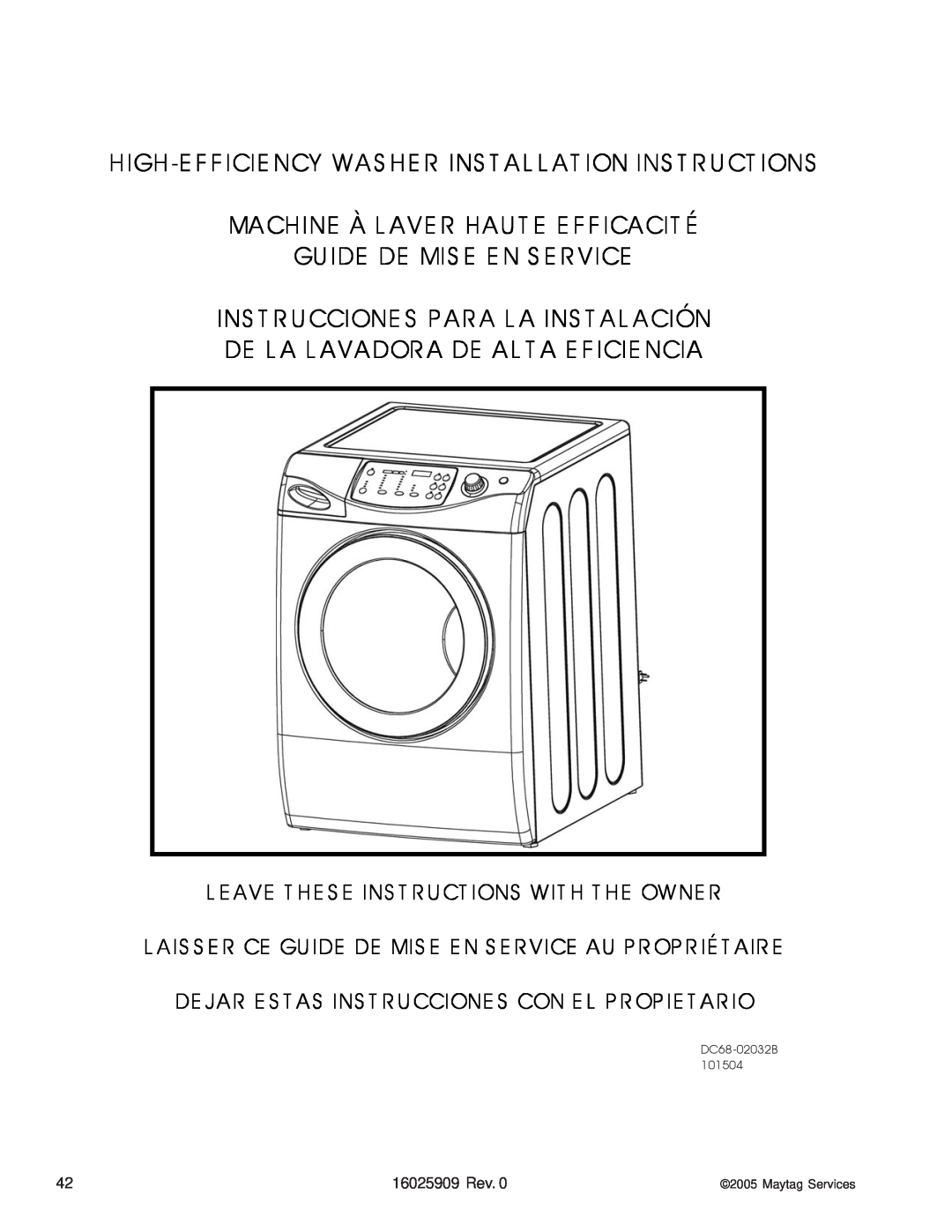 Whirlpool MAH9700AW manual 16025909 Rev, DC68-02032B, Maytag Services 