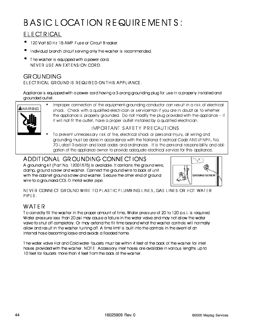 Whirlpool MAH9700AW manual 16025909 Rev, Wa Rning, Maytag Services 