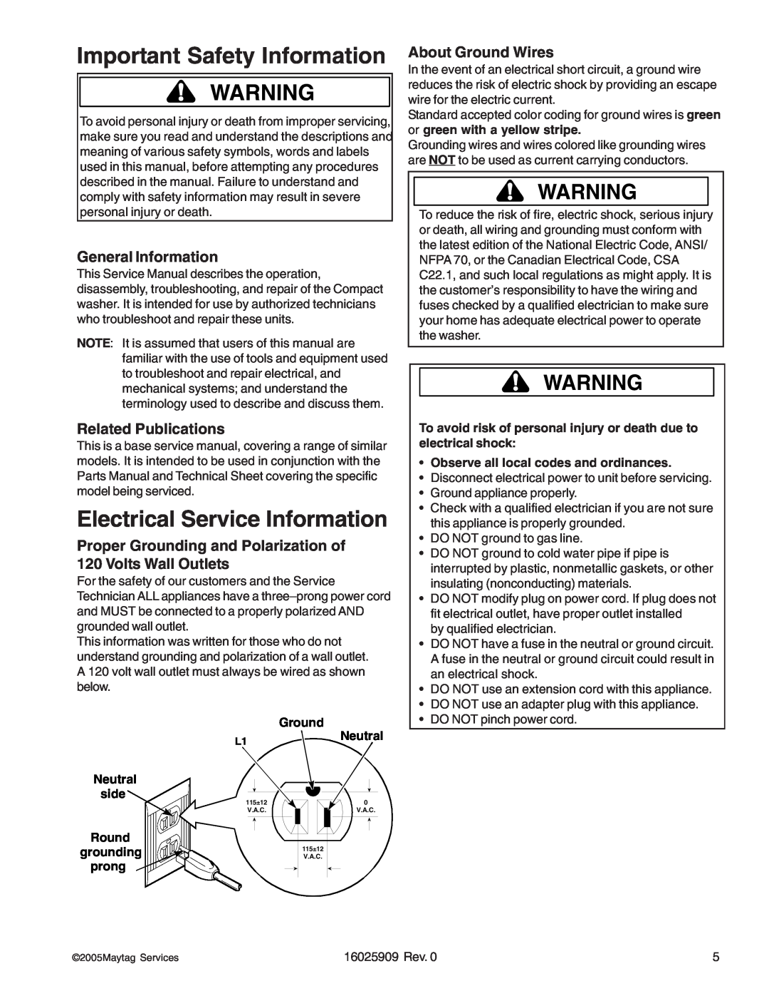 Whirlpool MAH9700AW manual Electrical Service Information, General Information, Related Publications, About Ground Wires 