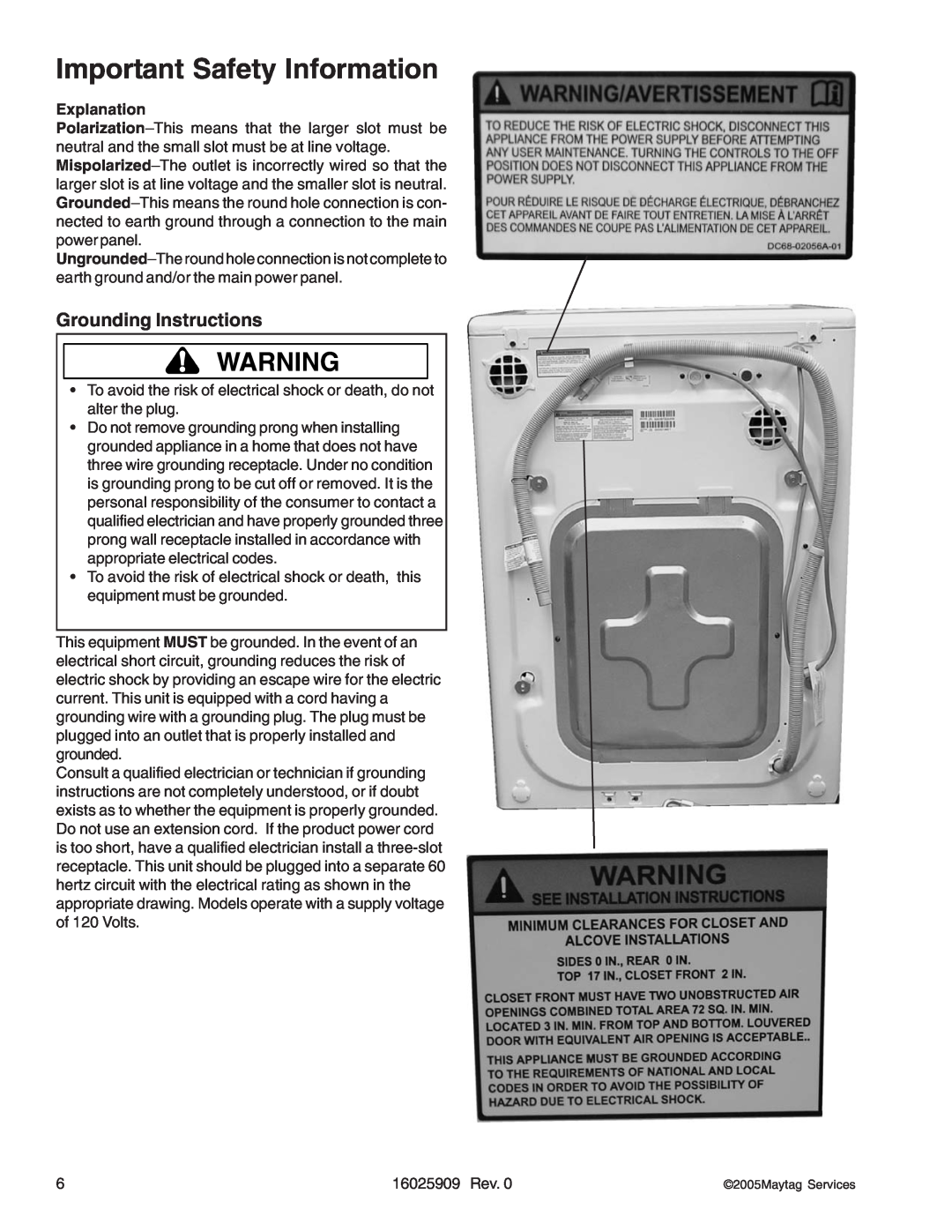 Whirlpool MAH9700AW manual Grounding Instructions, Important Safety Information, Explanation, 16025909 Rev 