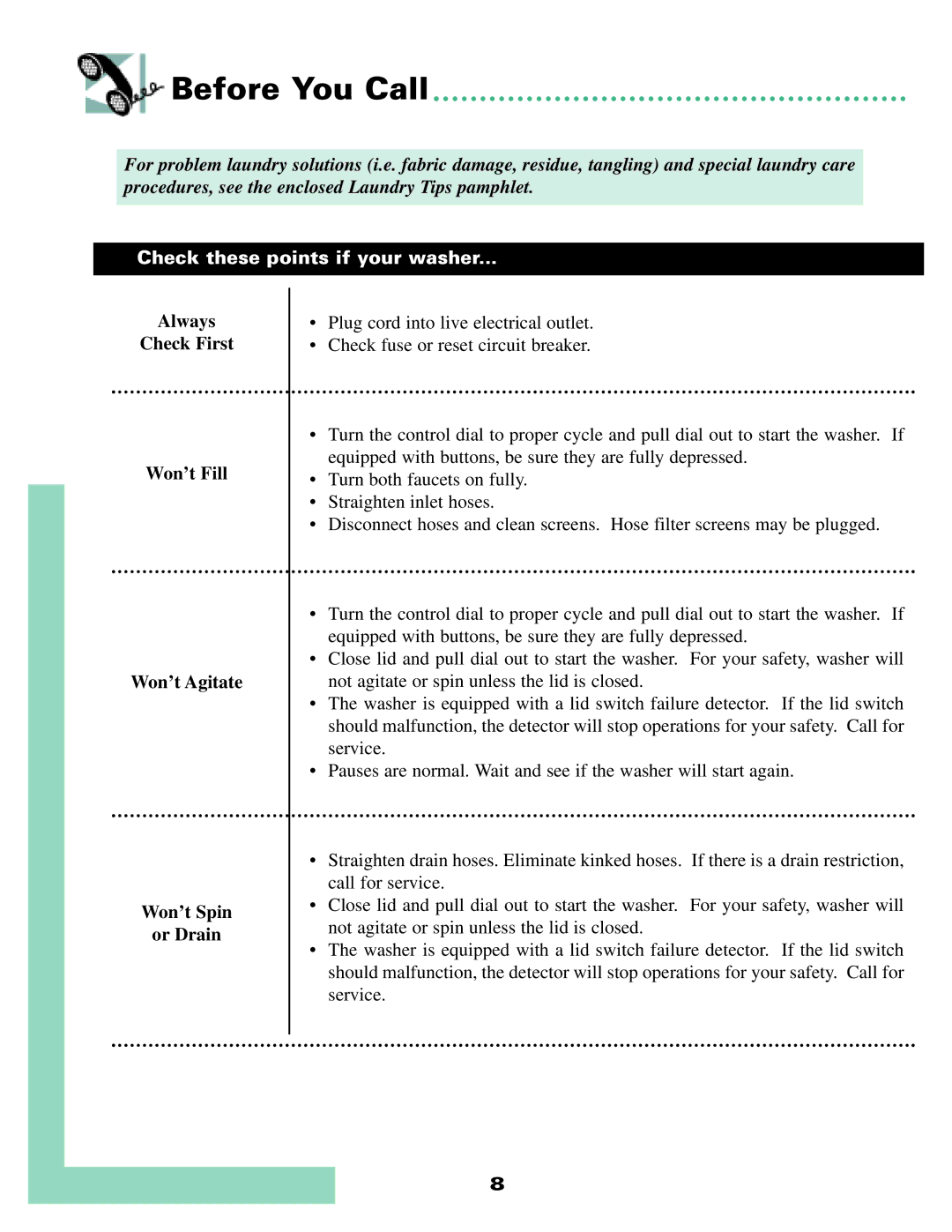 Whirlpool MAV-4 warranty Before You Call, Check these points if your washer 