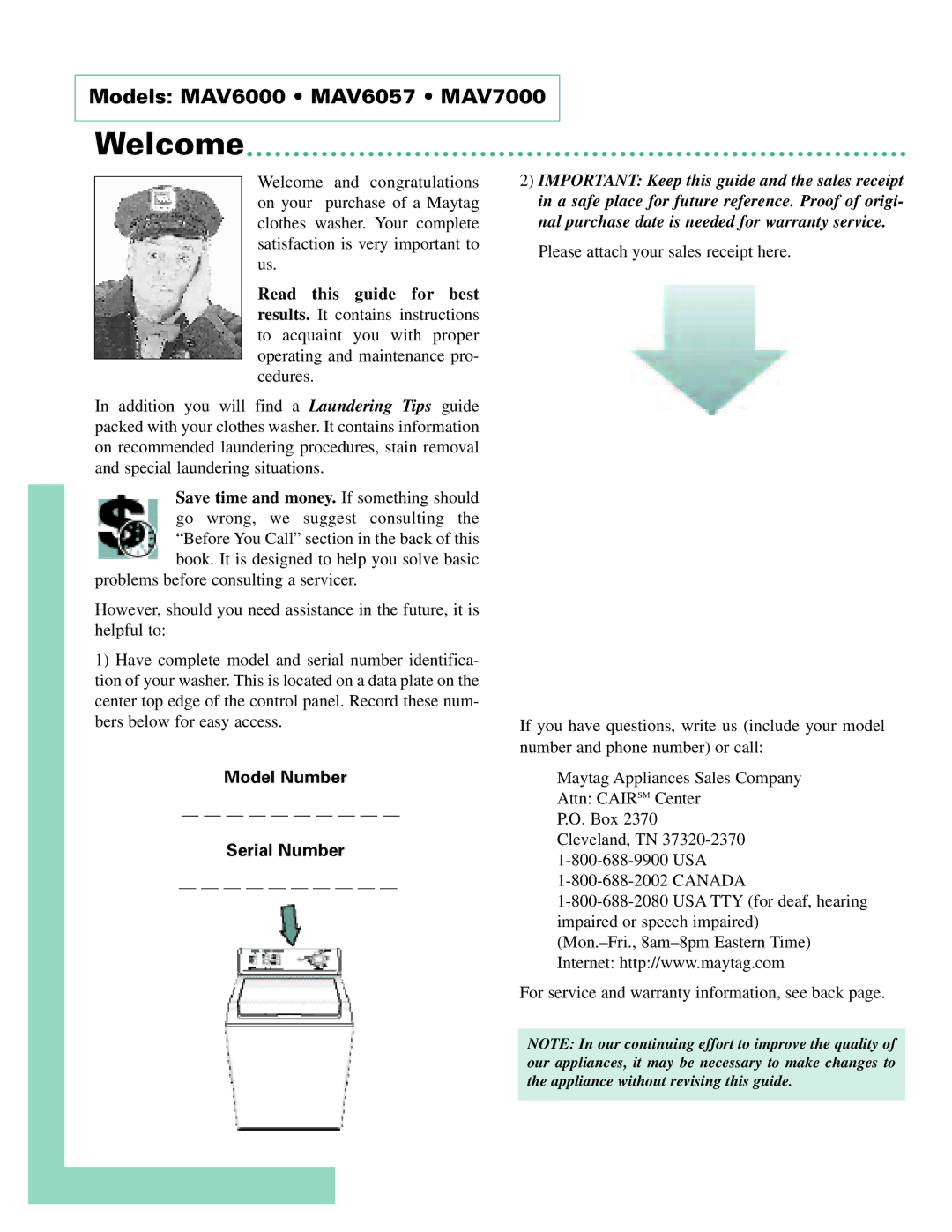 Whirlpool MAV-4 warranty Welcome, Model Number Serial Number 