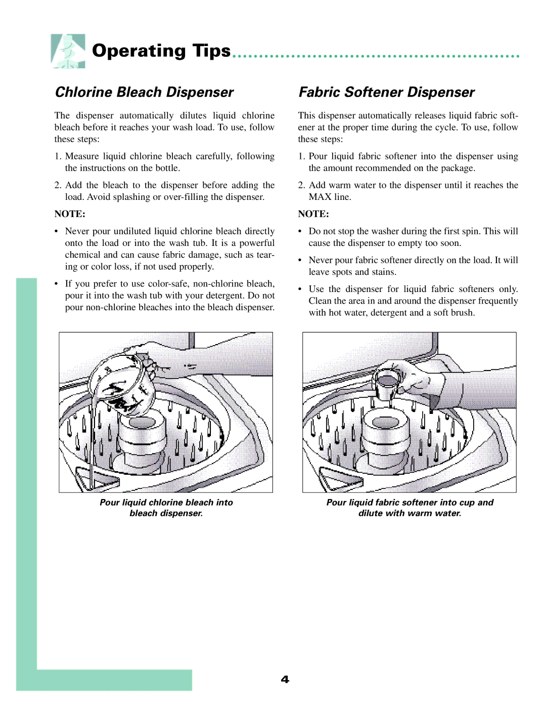 Whirlpool MAV-4 warranty Operating Tips, Chlorine Bleach Dispenser, Fabric Softener Dispenser 