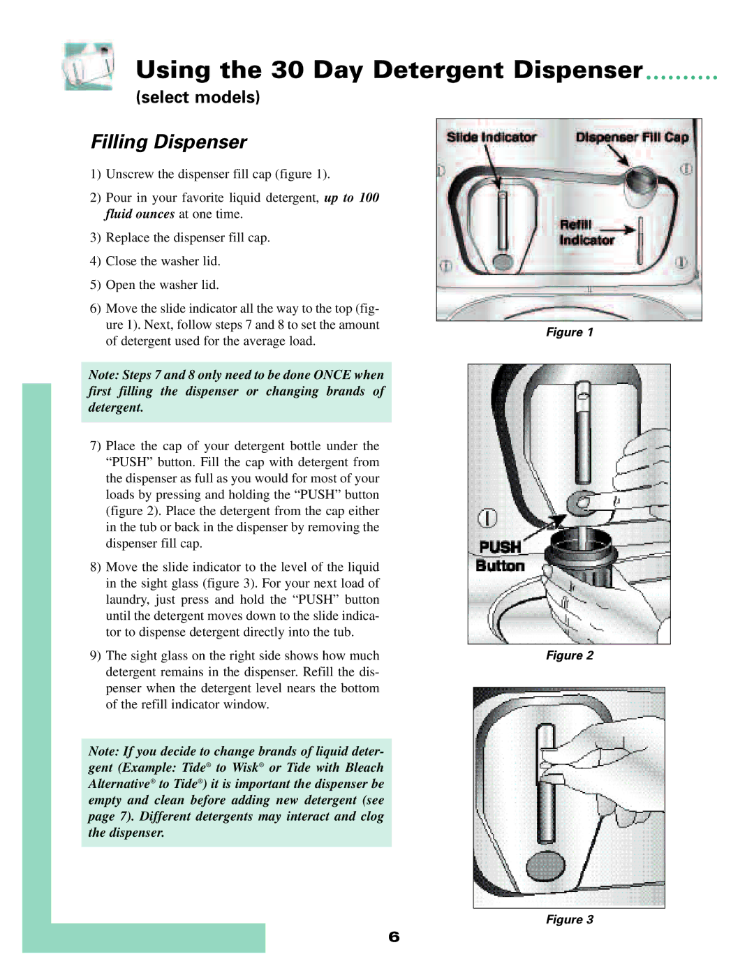 Whirlpool MAV-4 warranty Using the 30 Day Detergent Dispenser, Filling Dispenser 