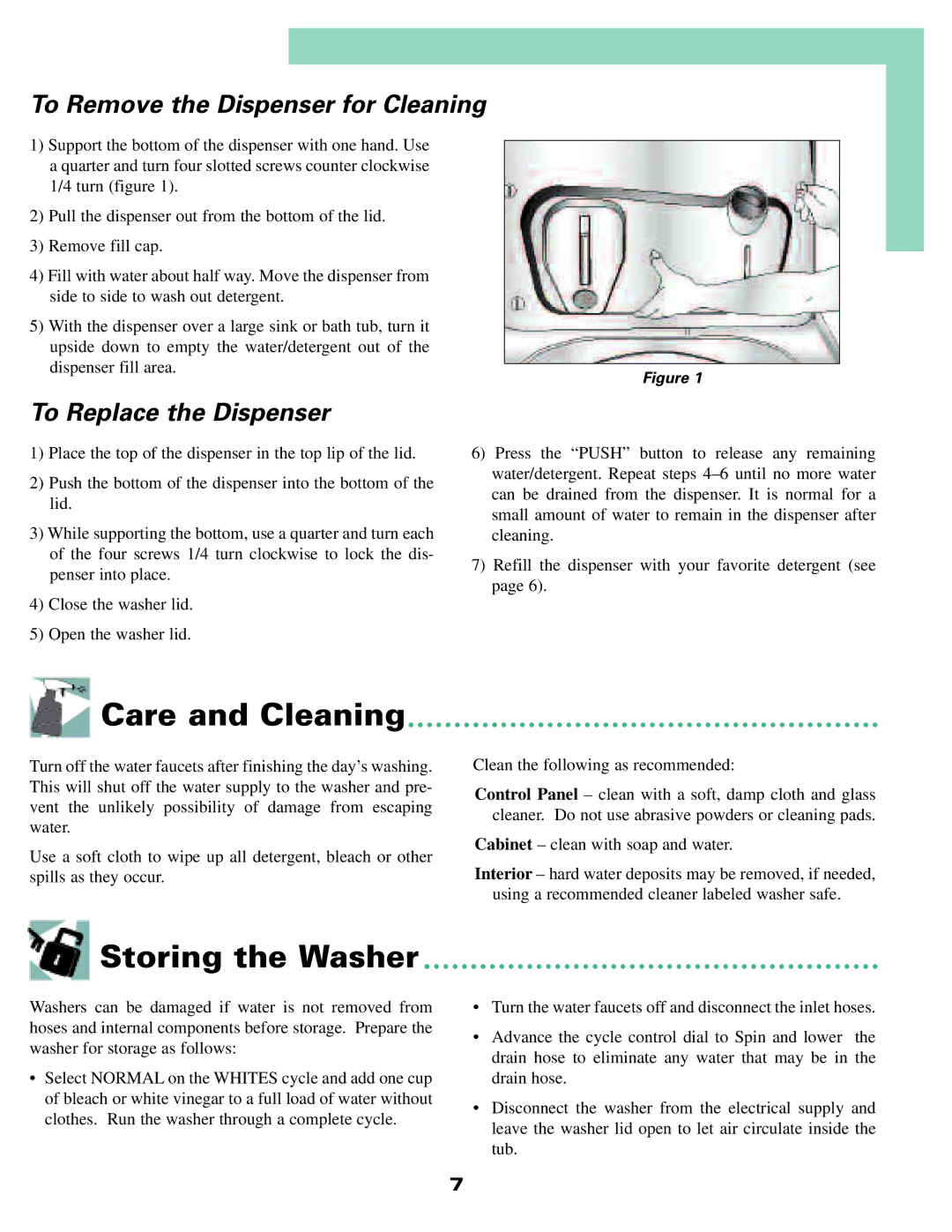 Whirlpool MAV-4 Care and Cleaning, Storing the Washer, To Remove the Dispenser for Cleaning, To Replace the Dispenser 