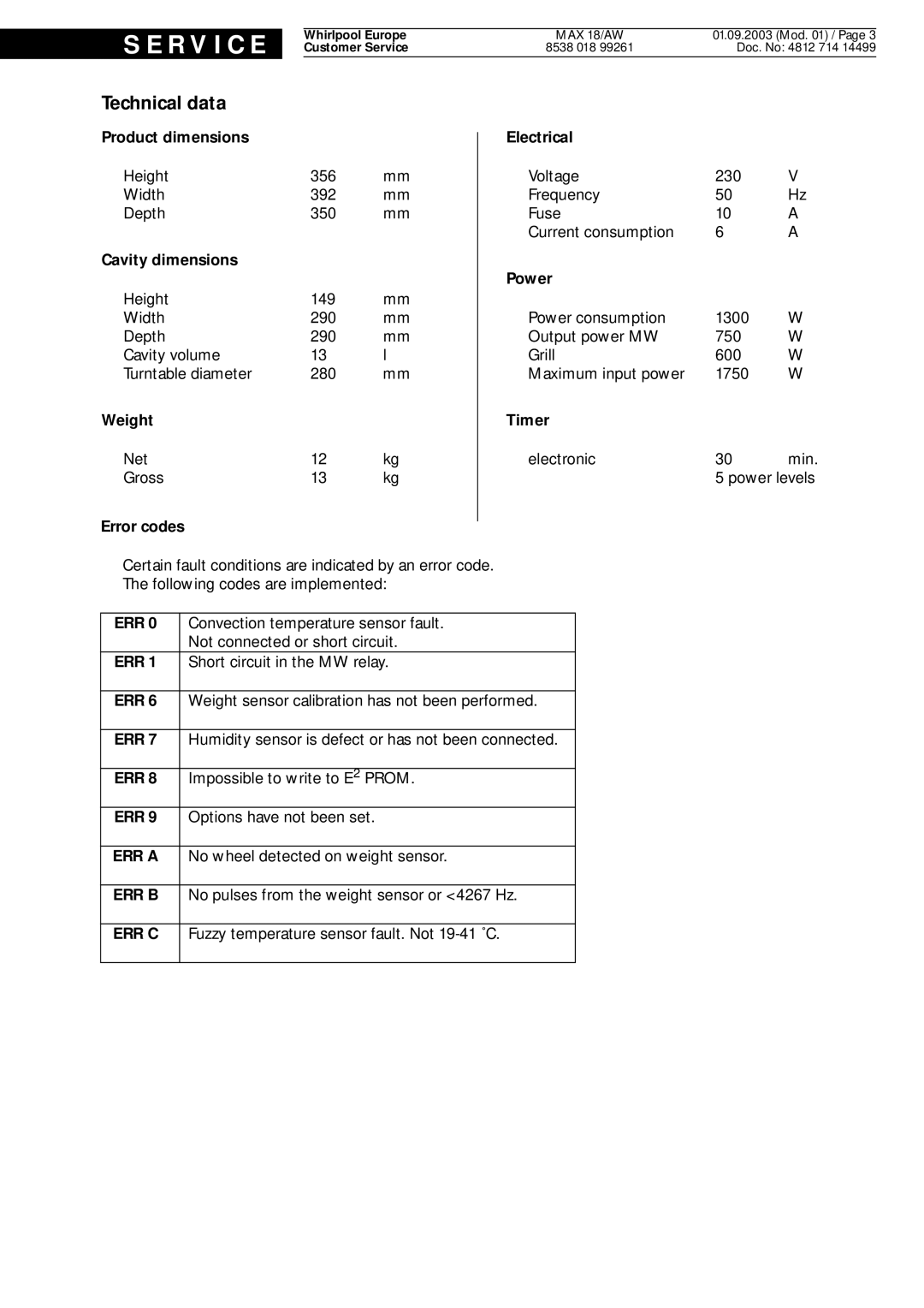 Whirlpool MAX 18 AW, max, aw service manual Technical data, Timer 