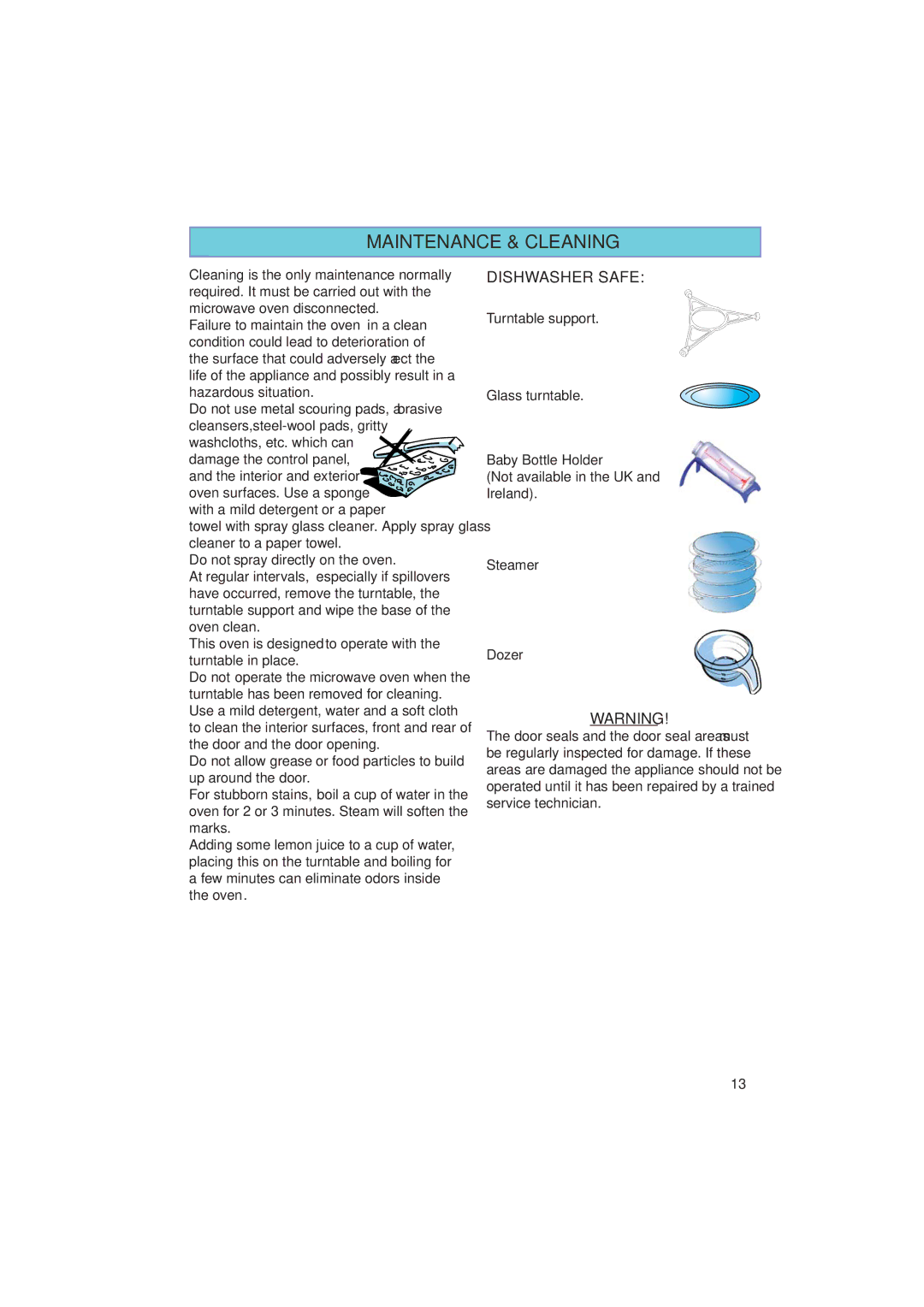 Whirlpool MAX 25 manual Maintenance & Cleaning, Turntable support Glass turntable Baby Bottle Holder, Steamer Dozer 