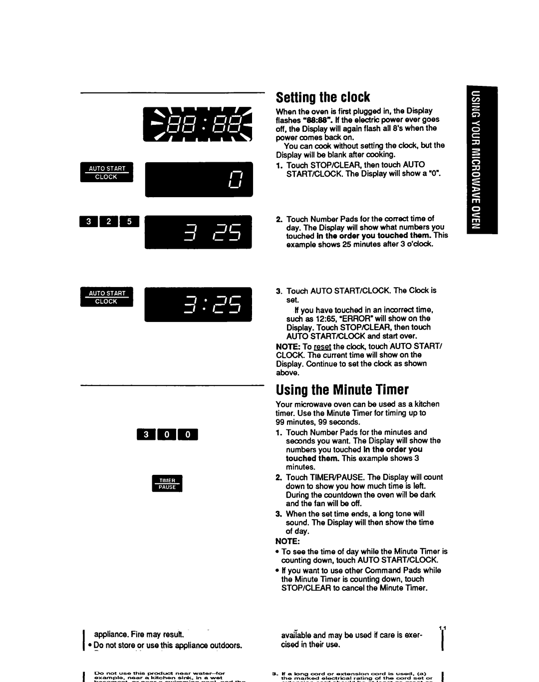 Whirlpool MB7120XY manual Setting the clock, Using the Minute Timer, Touch Auto START/CLOCK. The Clock is set 