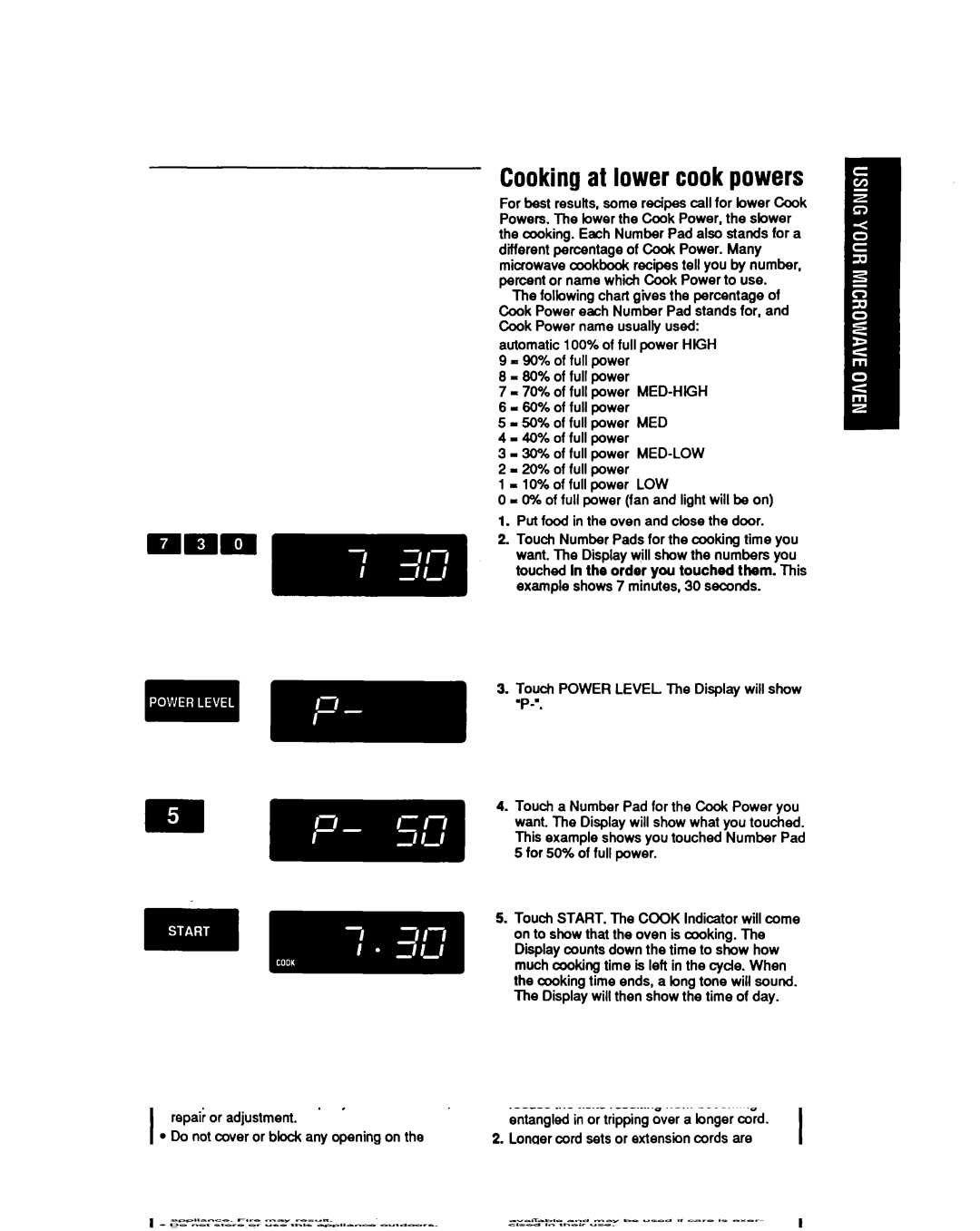 Whirlpool MB7120XY manual Cooking at lower cook powers, 5f~r50%offullpower, On to show that the oven is cooking 