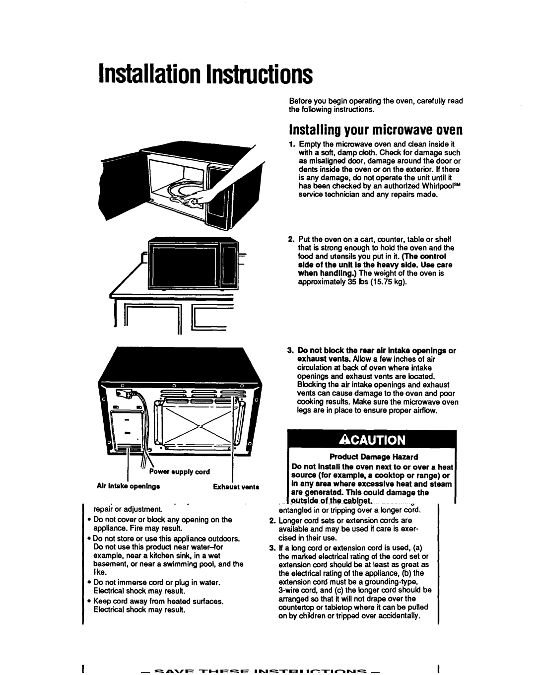 Whirlpool MB7120XY manual InstallationInstructions, Installing your microwave oven, Power supply cord Alr intake openlngo 