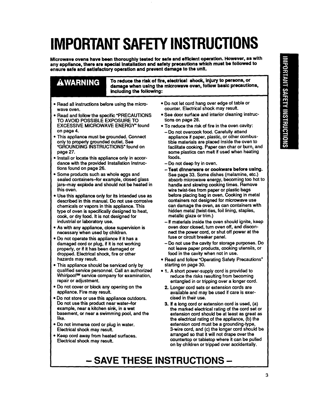 Whirlpool MB7120XY manual Importantsafetyinstructions, Read and follow OperatingSafety Precautions starting on 