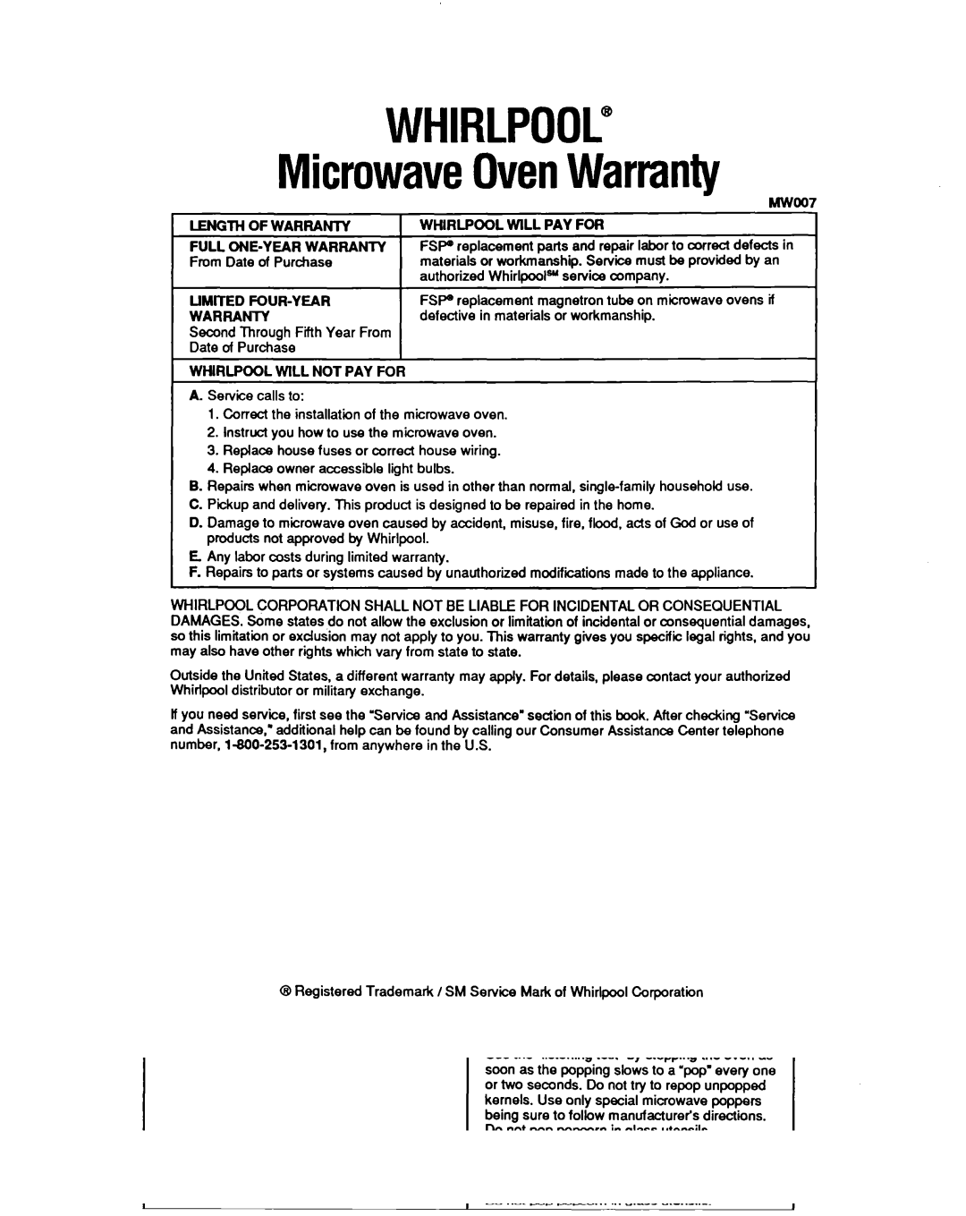 Whirlpool MB7120XY manual MicrowaveOvenWarranty 