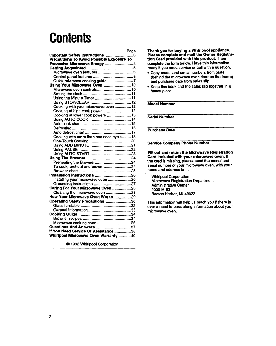 Whirlpool MB7120XY manual Contents 