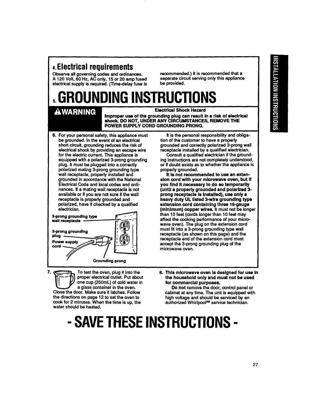 Whirlpool MB7120XY manual 5GROUNDING.INSTRUCTIONS, Savetheseinstructions, Electrical requirements 