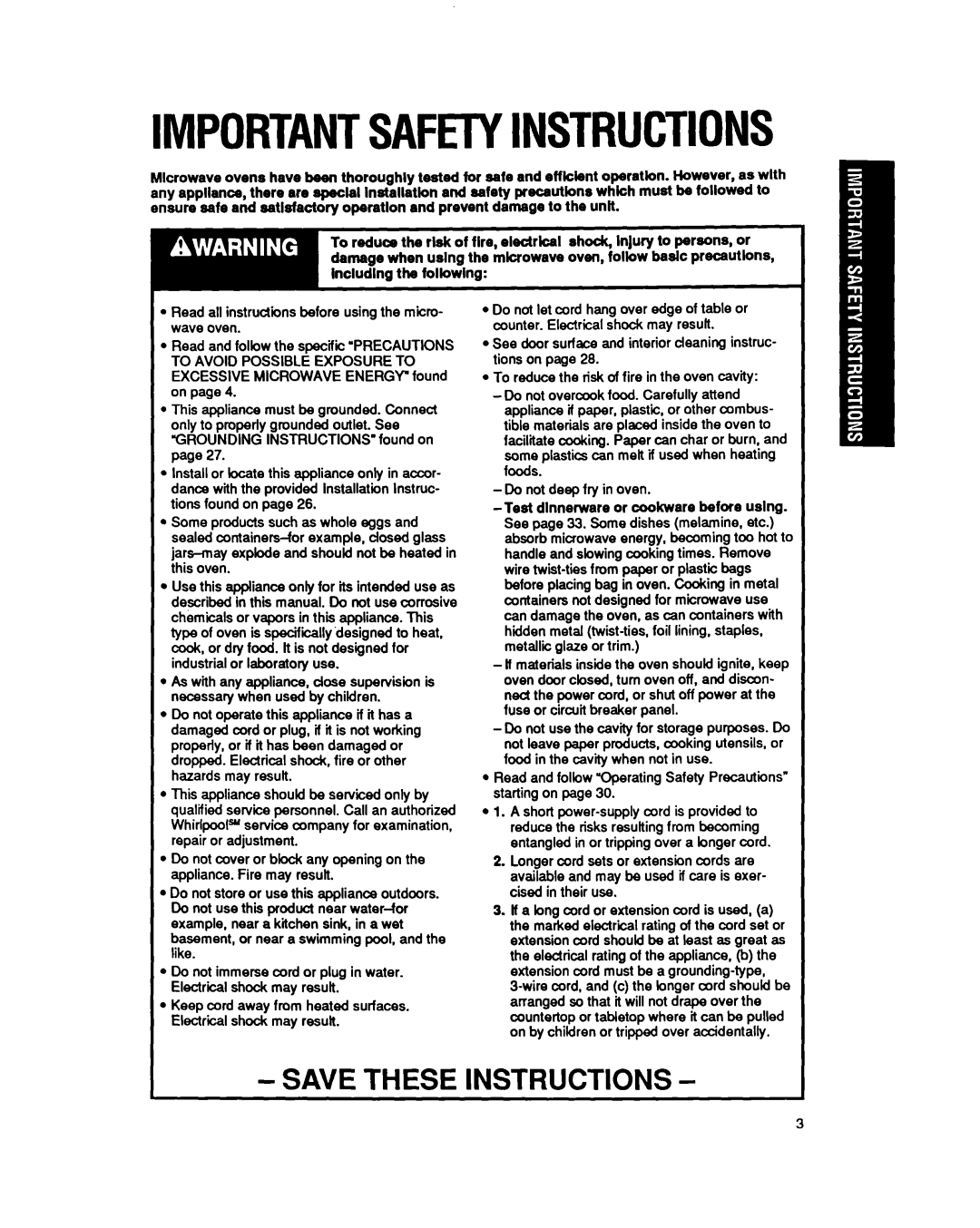 Whirlpool MB7120XY manual Importantsafetyinstructions, Save These Instructions 