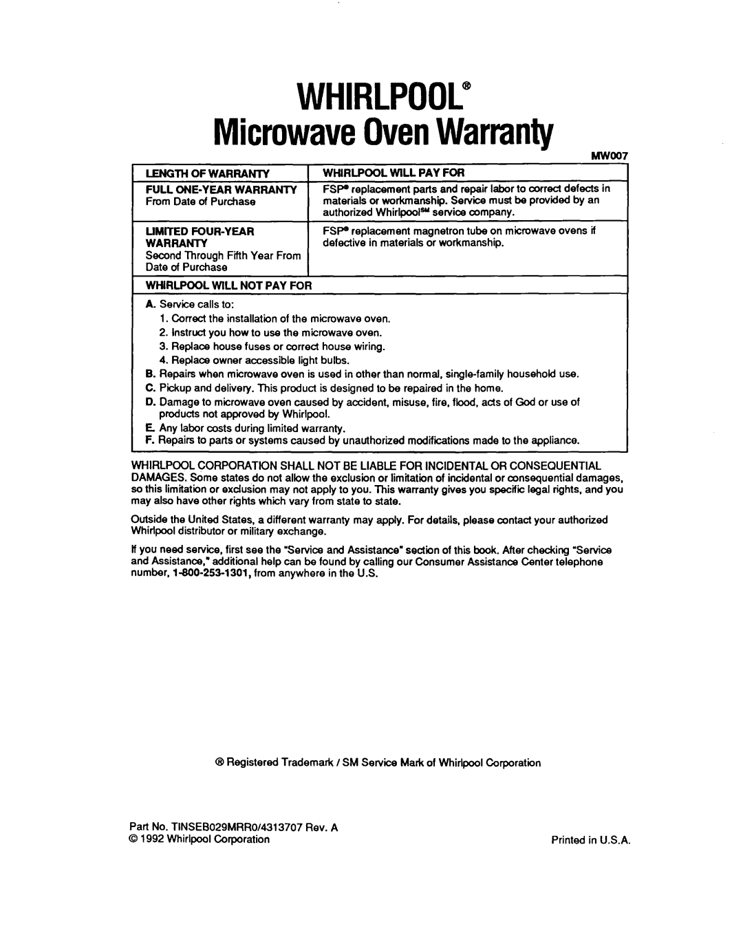 Whirlpool MB7120XY manual WHIRLPOOL” MicrowaveOvenWarranty 