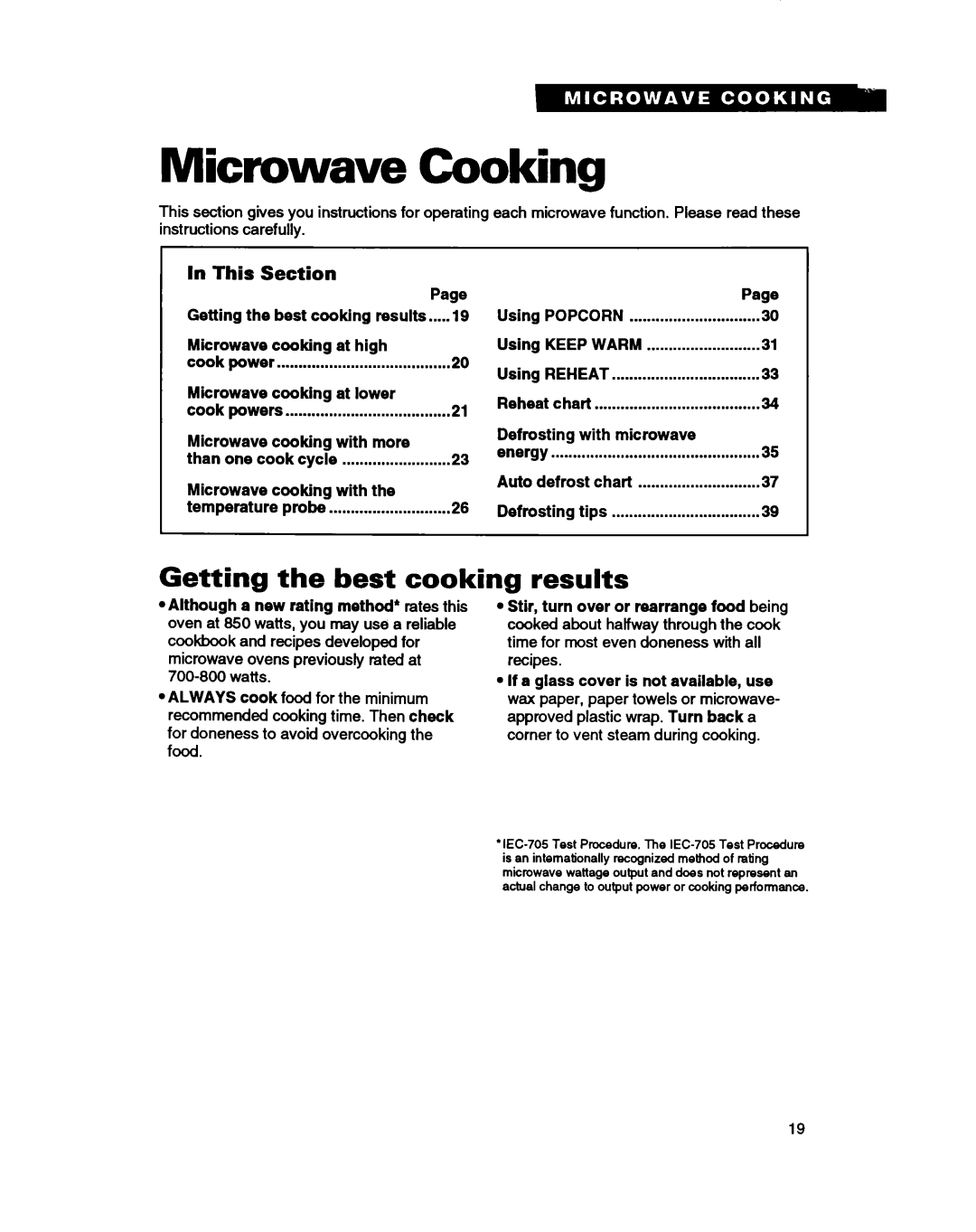 Whirlpool MC8130XA warranty Microwave Cooking, Setting the best cooking results 