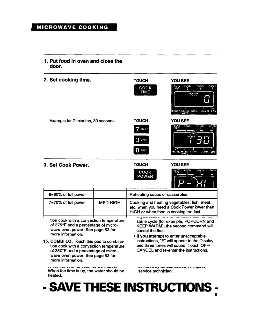 Whirlpool MC8130XA warranty Set Cook Power 