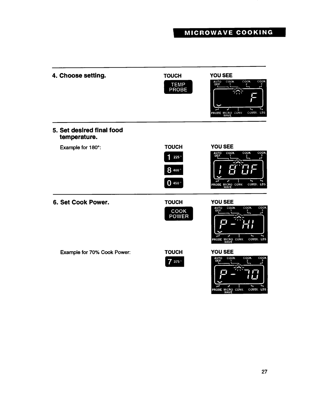 Whirlpool MC8130XA warranty Choose setting Set desired flnal food temperature 