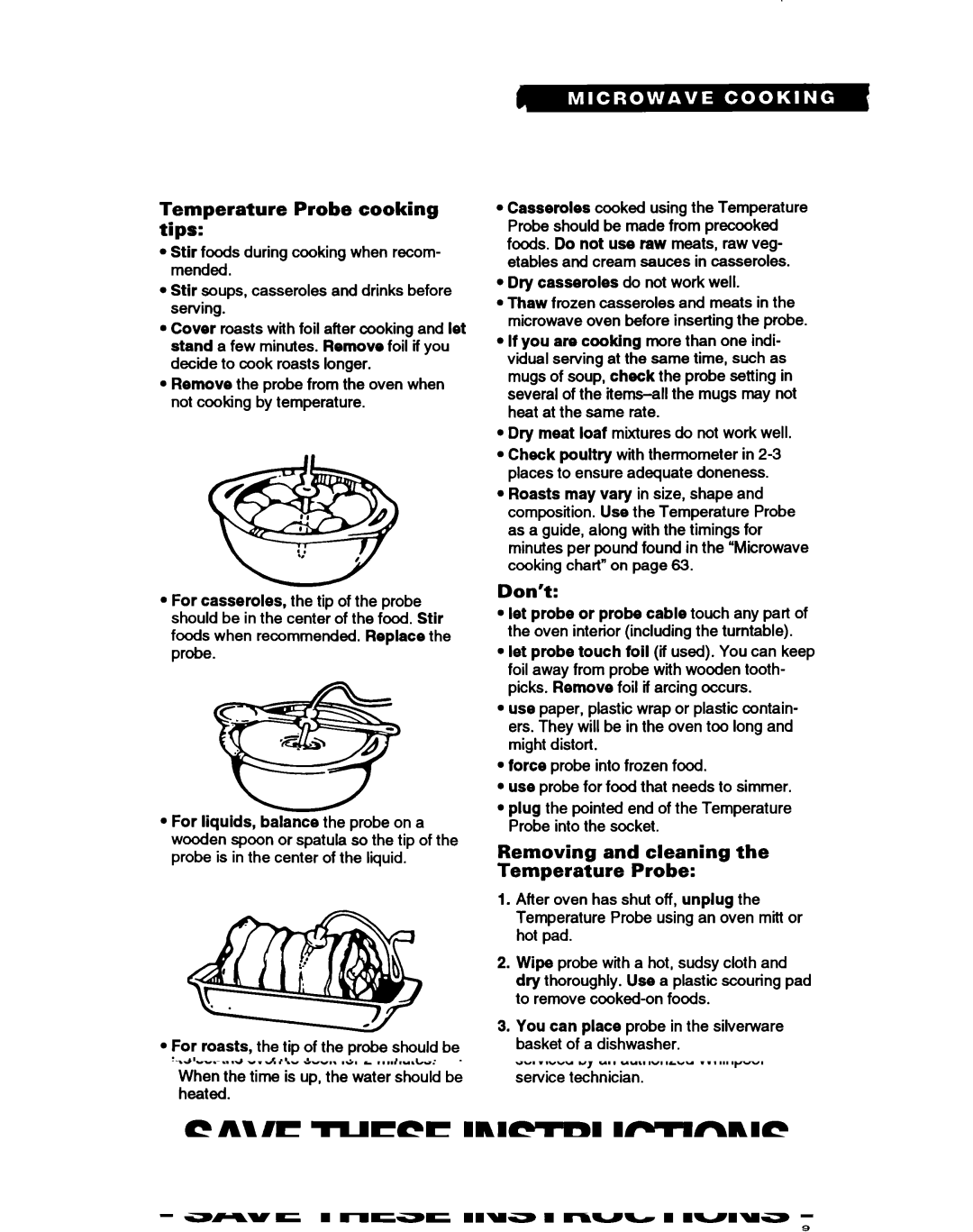 Whirlpool MC8130XA warranty Temperature Probe cooking tips, Don’t, Removing and cleaning Temperature Probe 