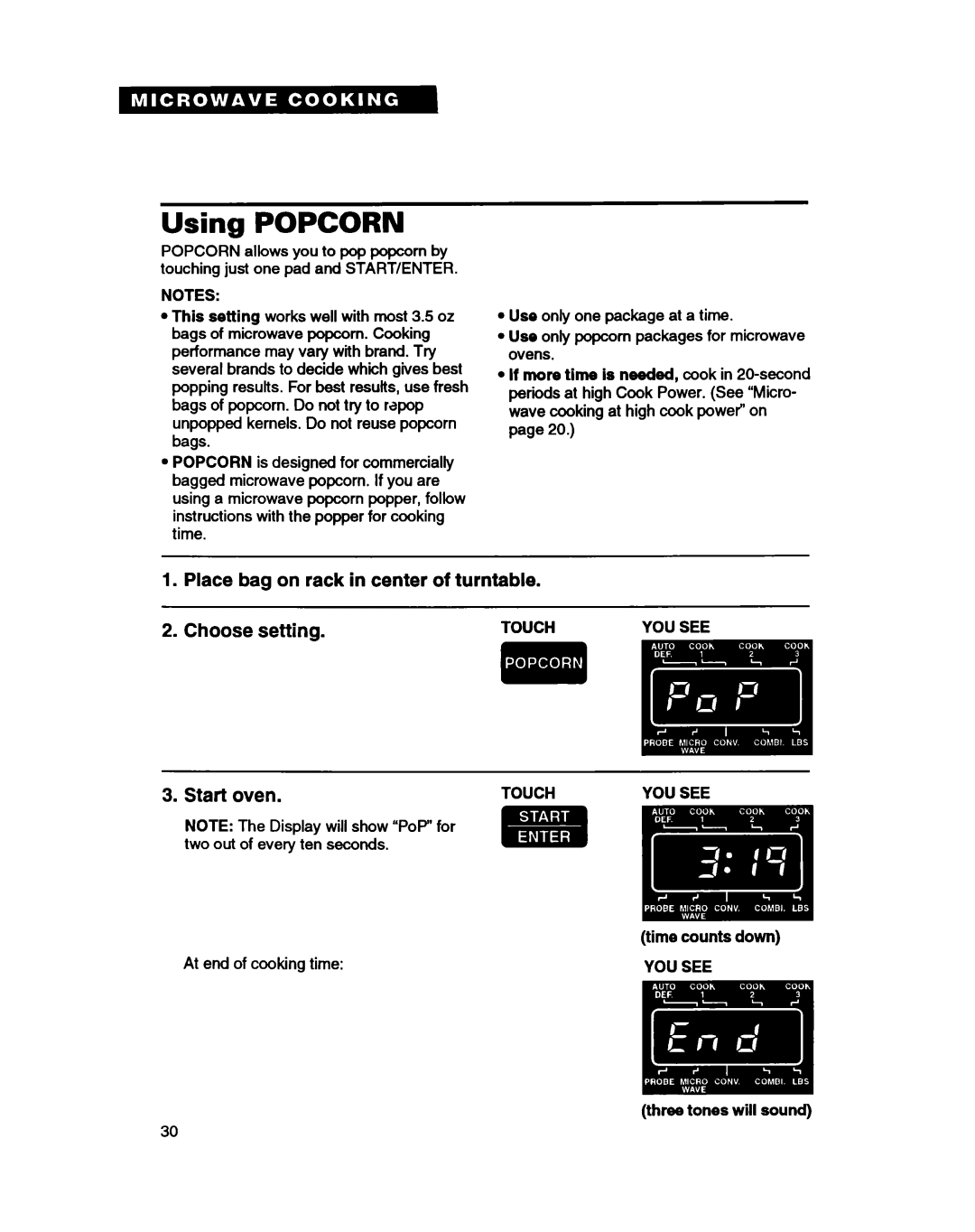 Whirlpool MC8130XA warranty Using Popcorn, Time counts down 