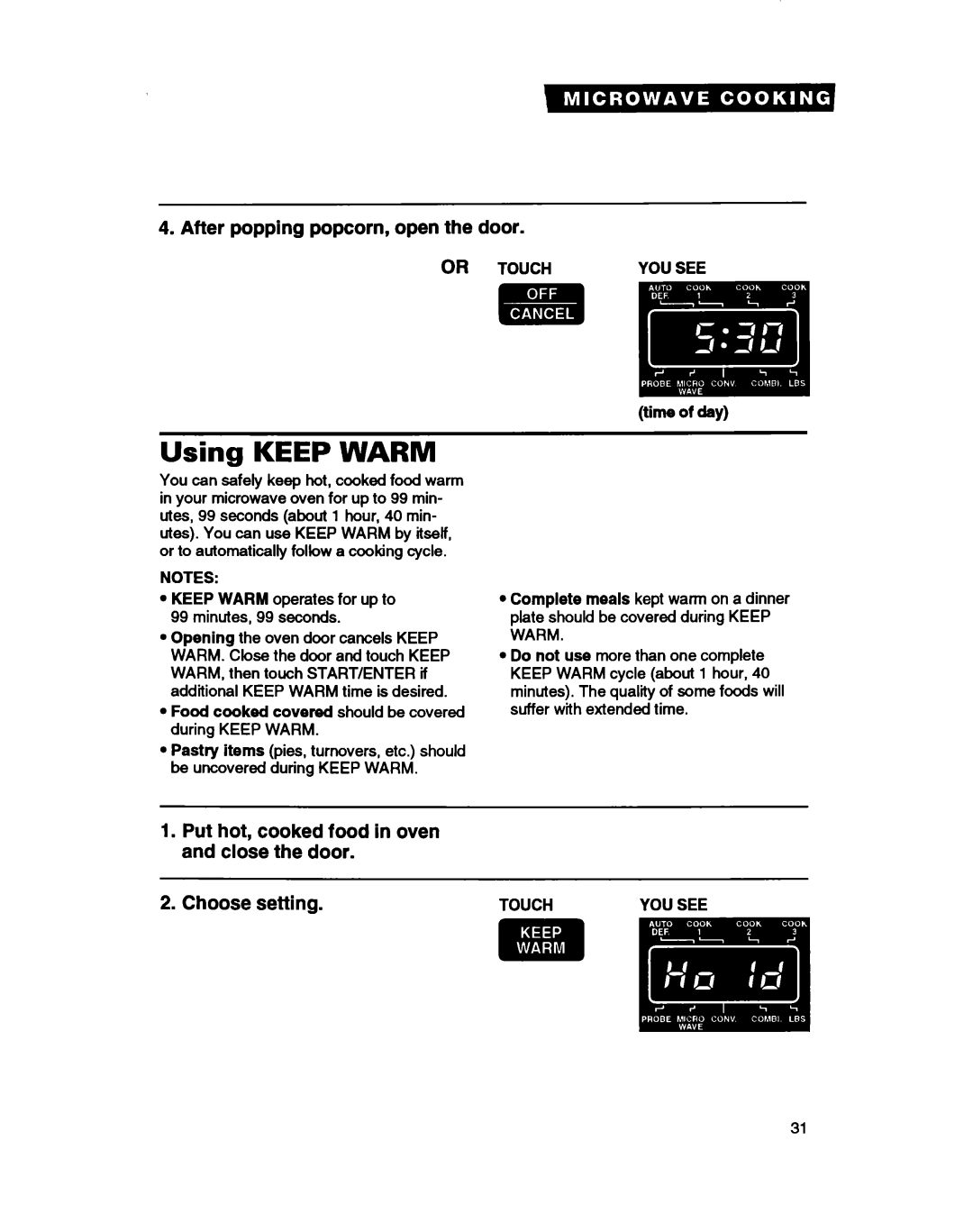 Whirlpool MC8130XA warranty Using Keep Warm, Or Touch 