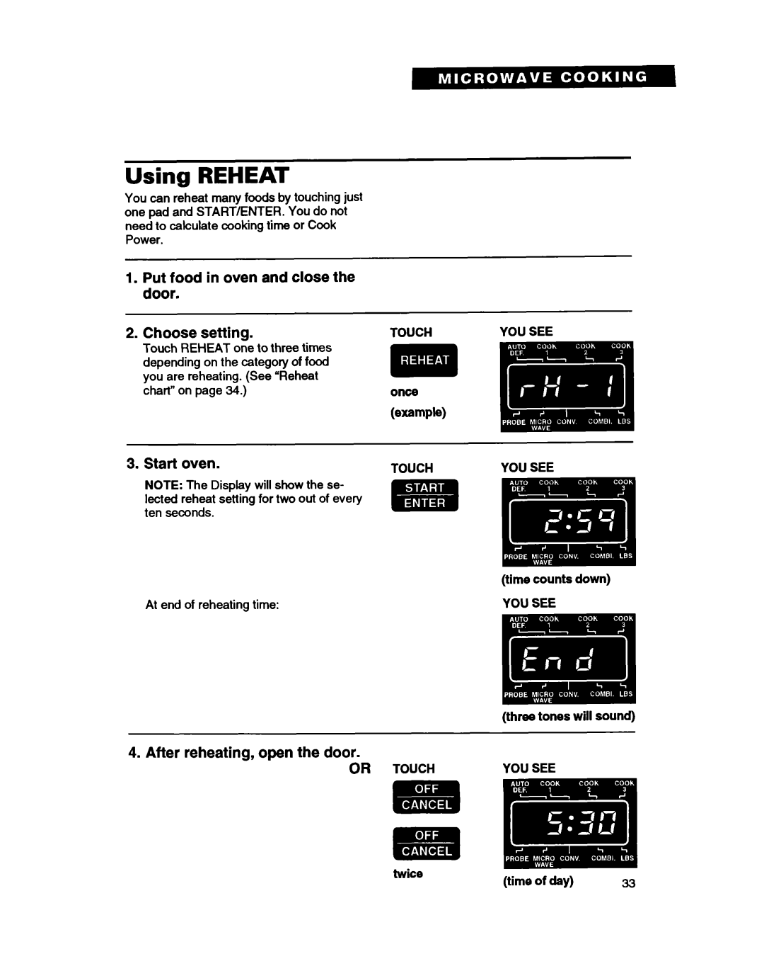 Whirlpool MC8130XA warranty Using Reheat, Once e=wW 