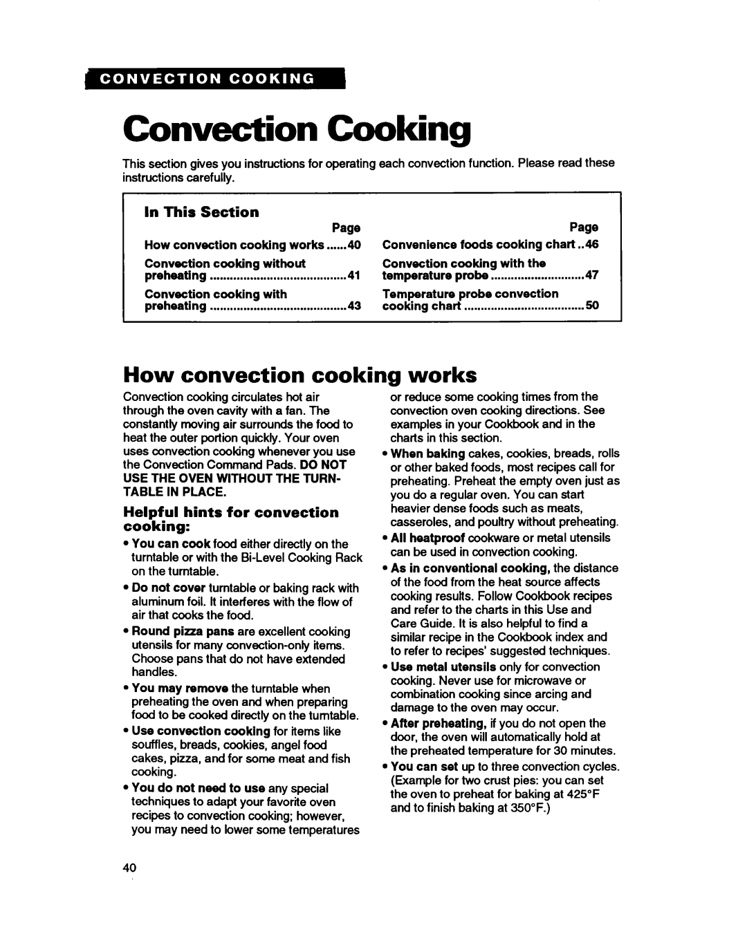 Whirlpool MC8130XA warranty Convection Cooking, How convection cooking, Works, Helpful Hints For convection Cooking 