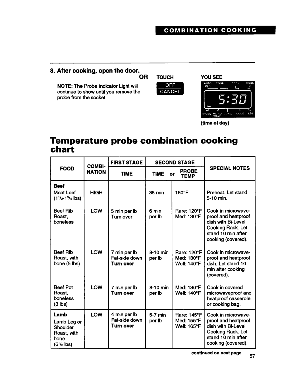 Whirlpool MC8130XA warranty Temperature probe combination cooking chart, First Stage Second Stage Food 