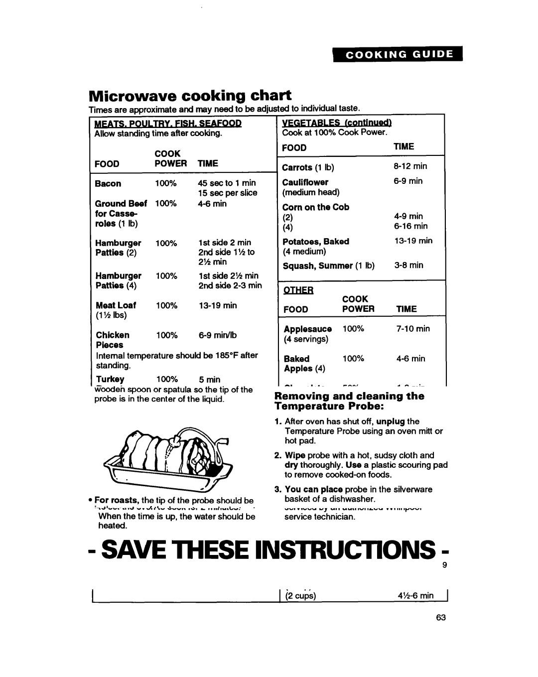 Whirlpool MC8130XA warranty Microwave cooking chart 